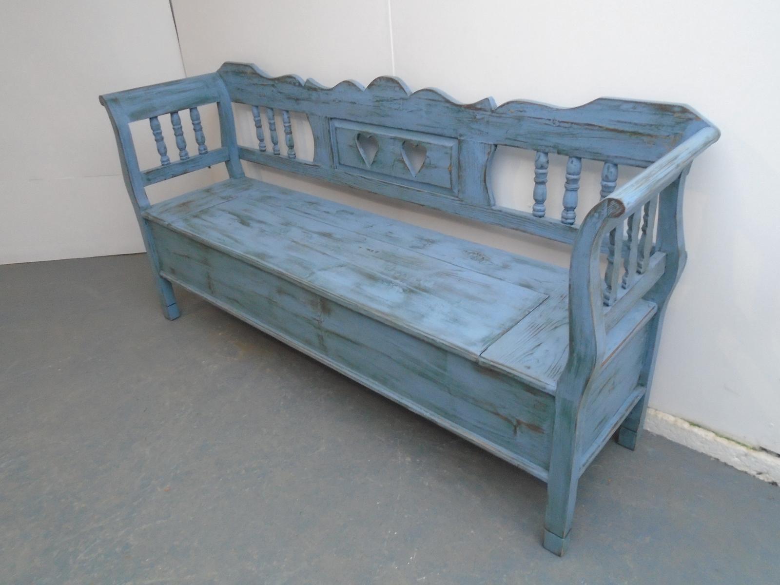 Sky Blue & Green Heart Motif Antique Pine 3 Seater Box Settle / Bench (1 of 9)