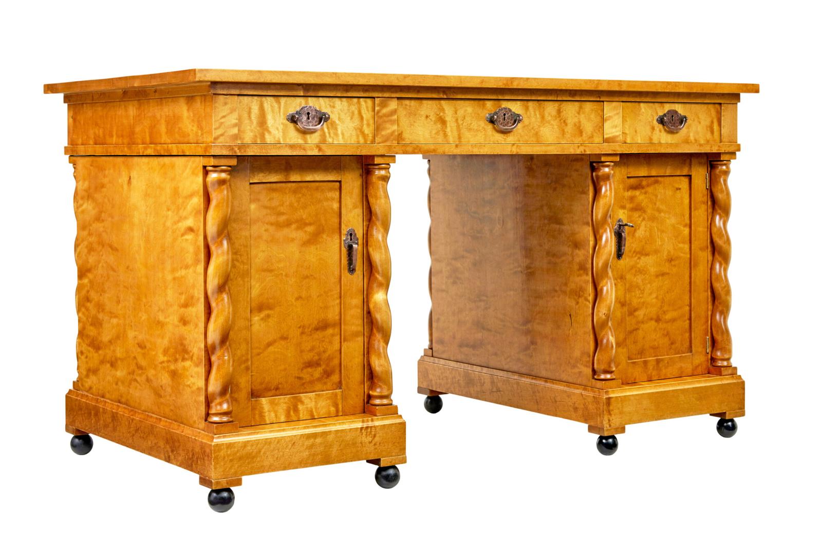 Swedish Early 20th Century Carved Birch Pedestal Desk (1 of 11) Swedish Early 20th Century Carved Birch Pedestal Desk (1 of 11)