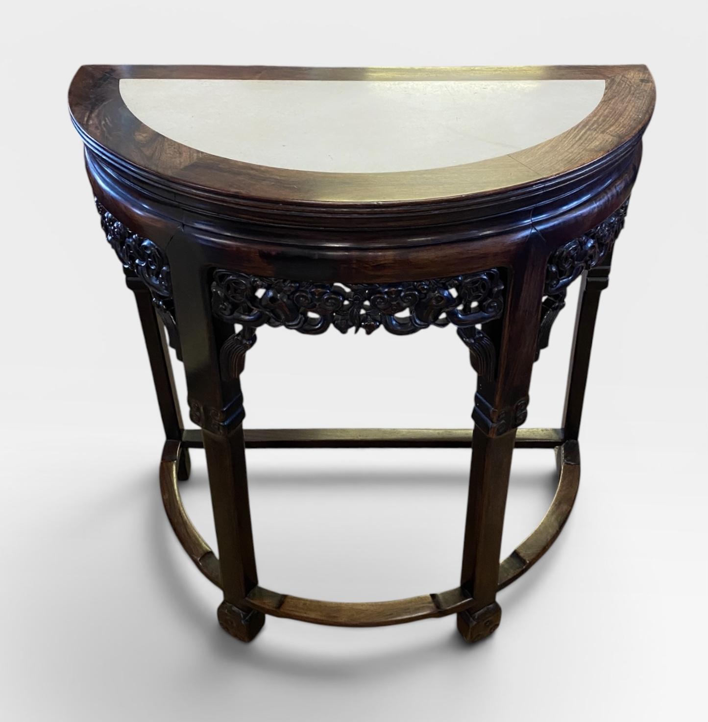 Chinese Export Hardwood & Marble Demilune Console Table (c. 1920) (1 of 13) Chinese Export Hardwood & Marble Demilune Console Table (c. 1920) (1 of 13)