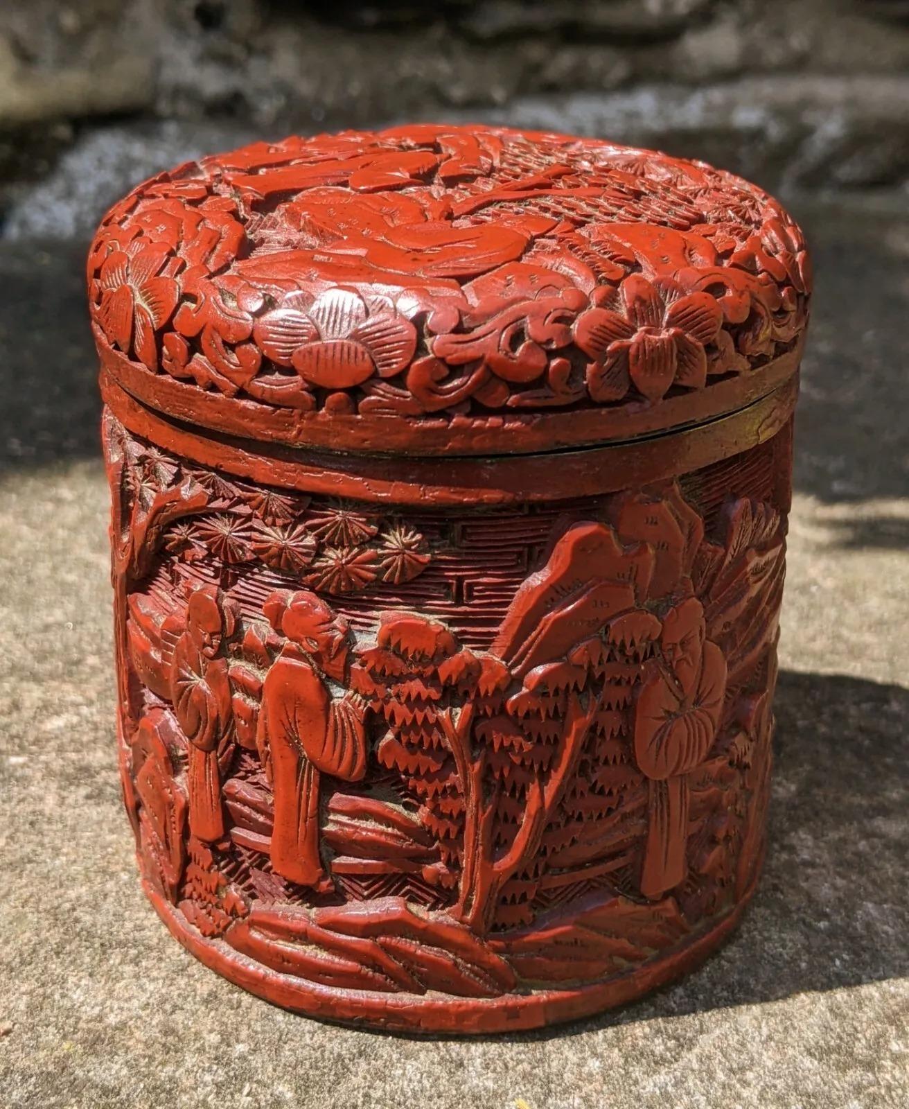 Chinese Hand Carved Red Cinnabar Lidded Box (1 of 6)