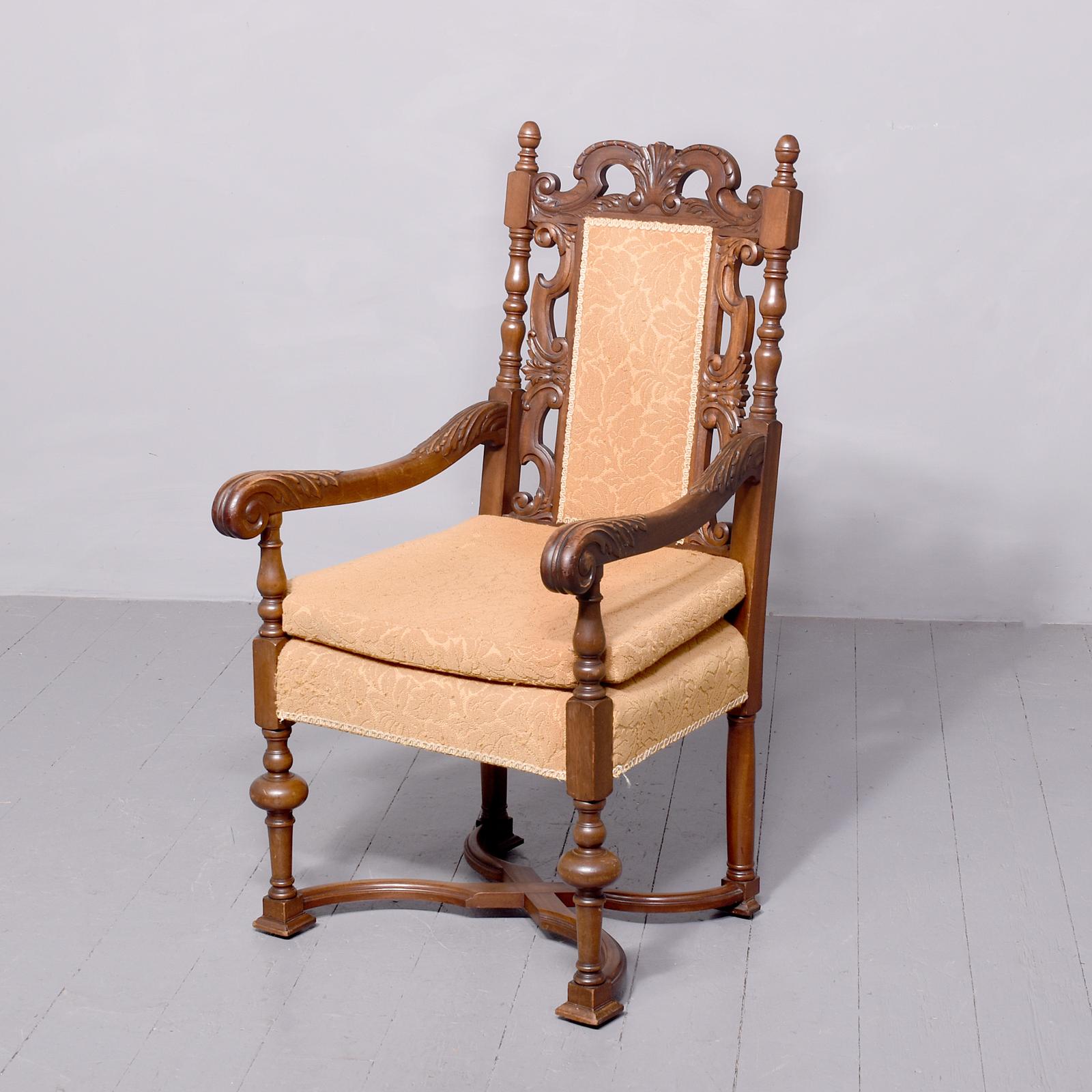 Jacobean-style Carved Walnut Part-upholstered Armchair (1 of 8)
