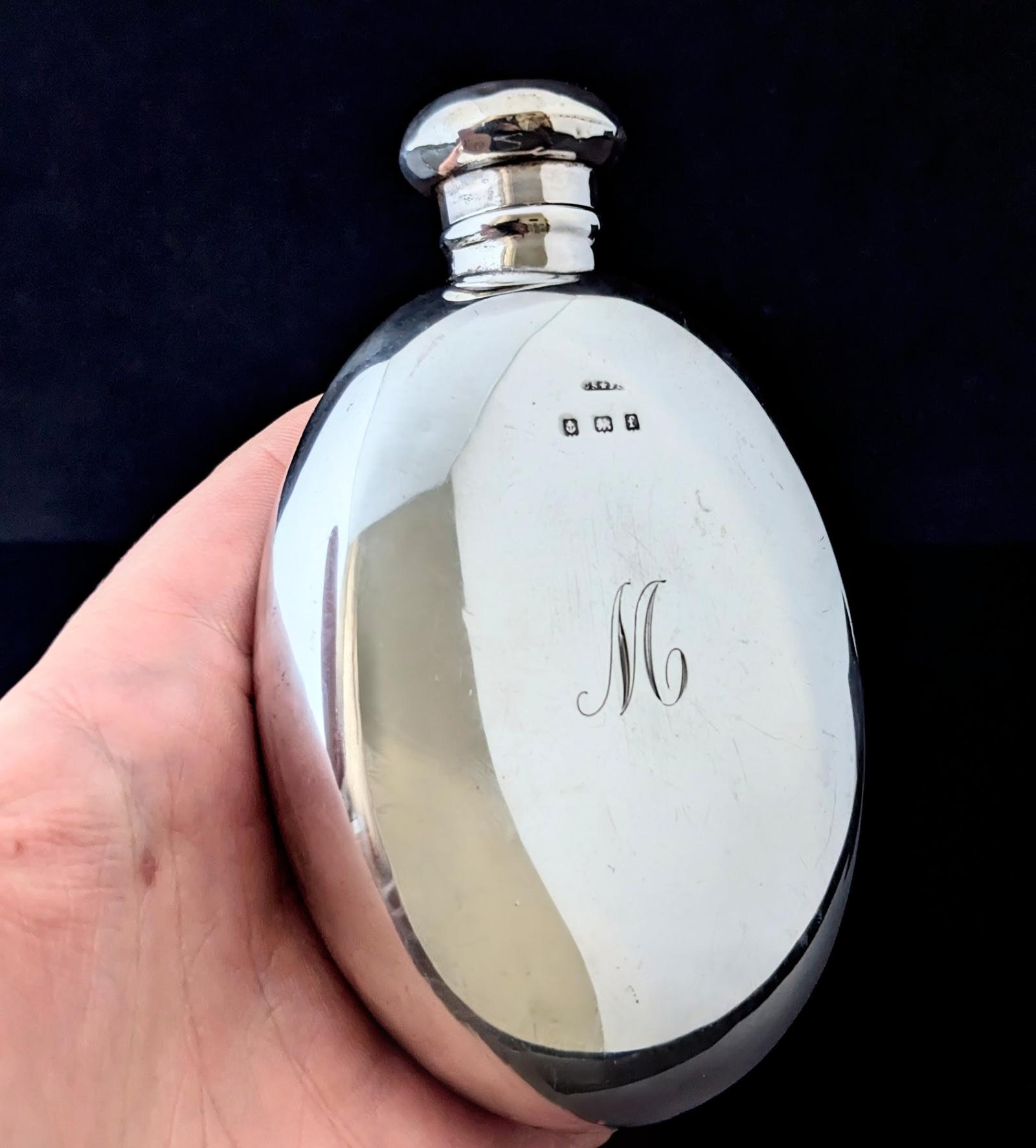 Antique Sterling Silver Hip Flask, M Initial (1 of 11) Antique Sterling Silver Hip Flask, M Initial (1 of 11)