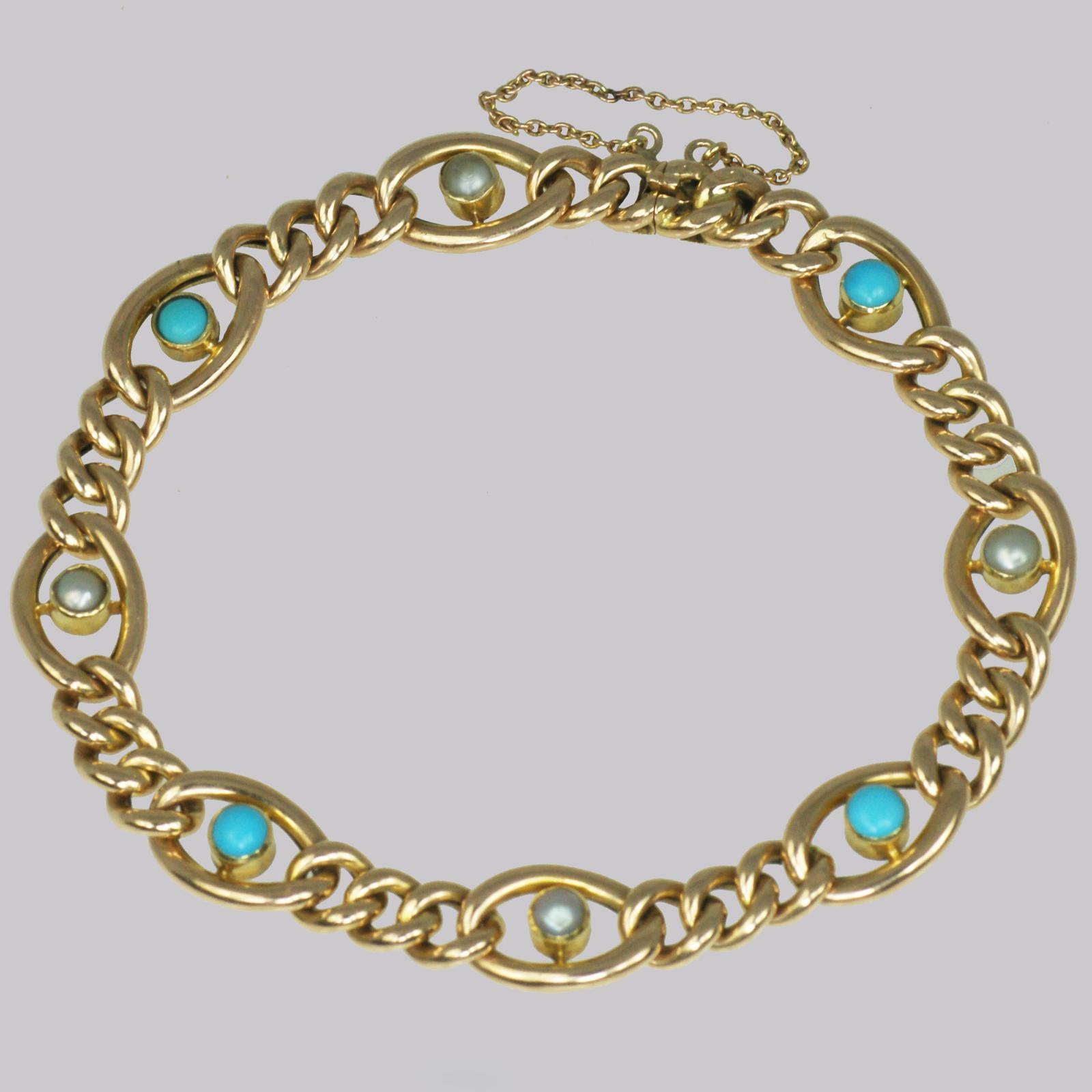 Antique 15ct Gold Turquoise & Pearl Curb Link Bracelet Victorian Bracelet c.1880 (1 of 10) Antique 15ct Gold Turquoise & Pearl Curb Link Bracelet Victorian Bracelet c.1880 (1 of 10)