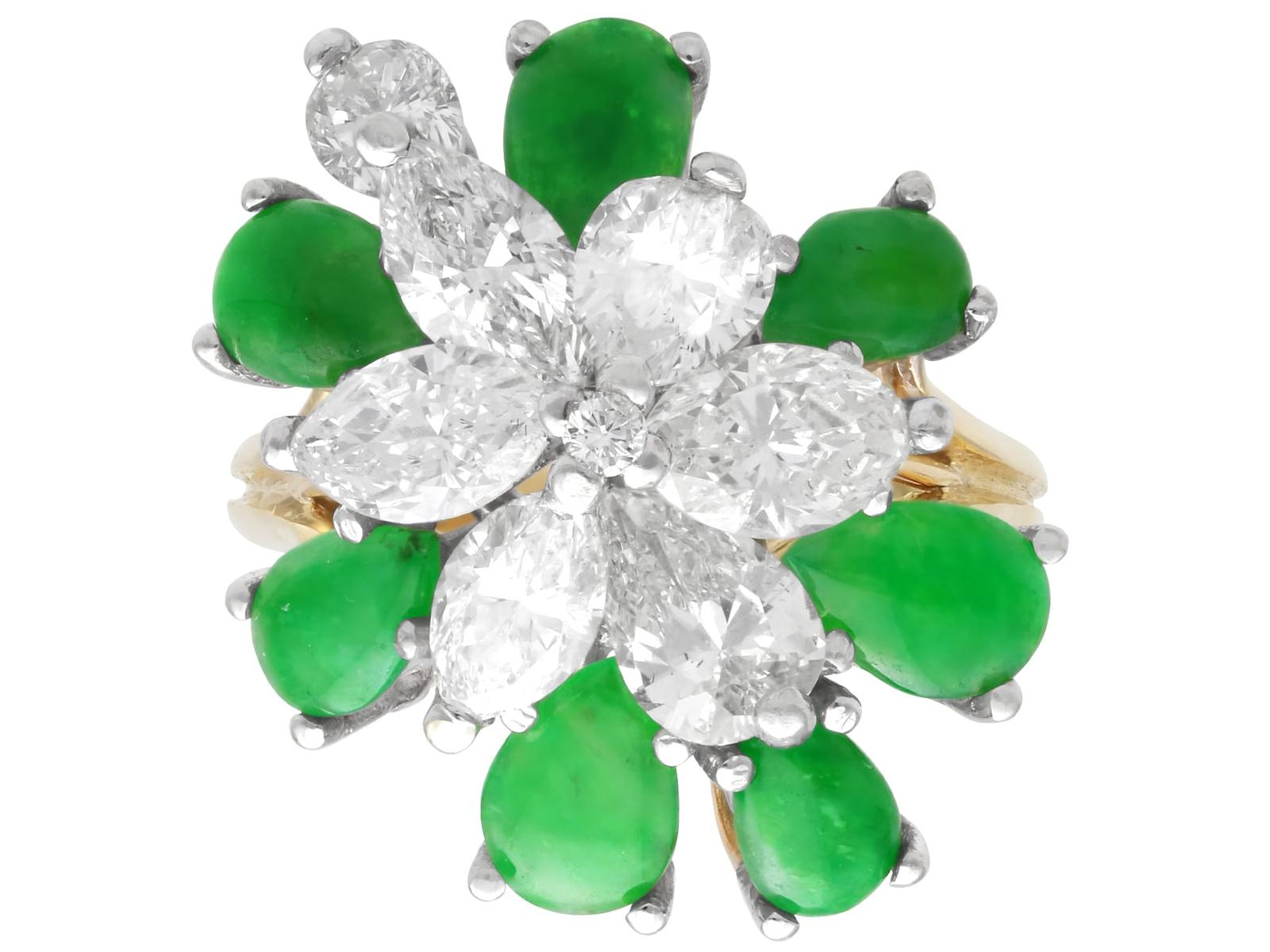 Vintage 3.32ct Jadeite and 4.10ct Diamond, 18k Yellow Gold Floral Cocktail Ring Circa 1980 (1 of 11)