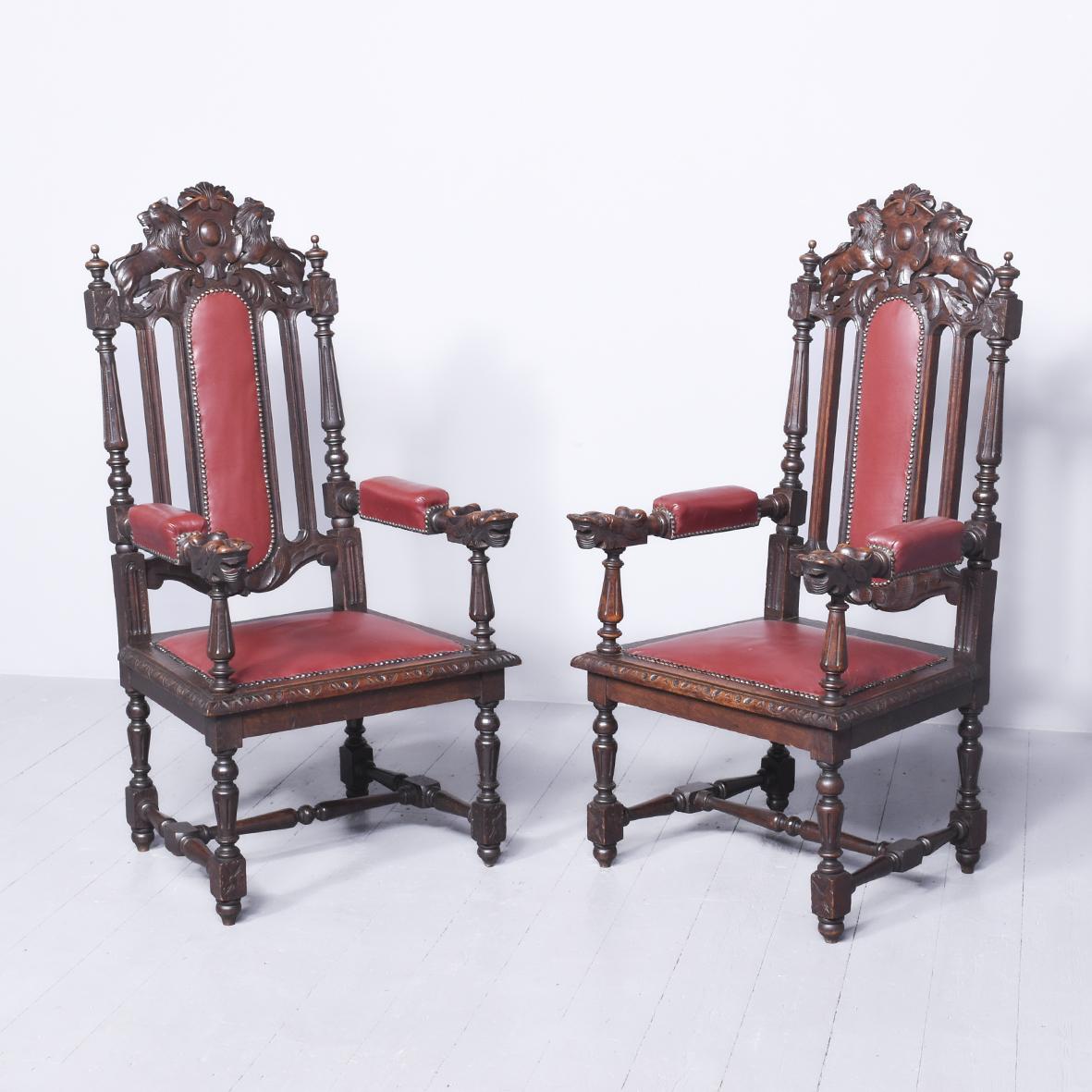 Pair of Large Impressive Flemish Carved Oak Throne / Hall Chairs (1 of 9)