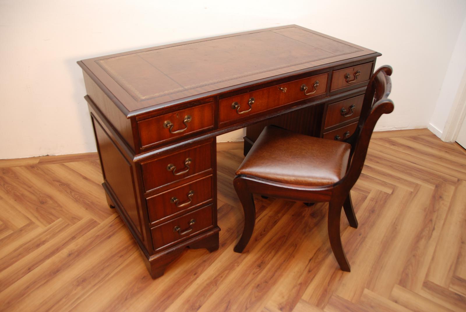 Mahogany Pedestal Brown Leather Writing Desk (1 of 13)