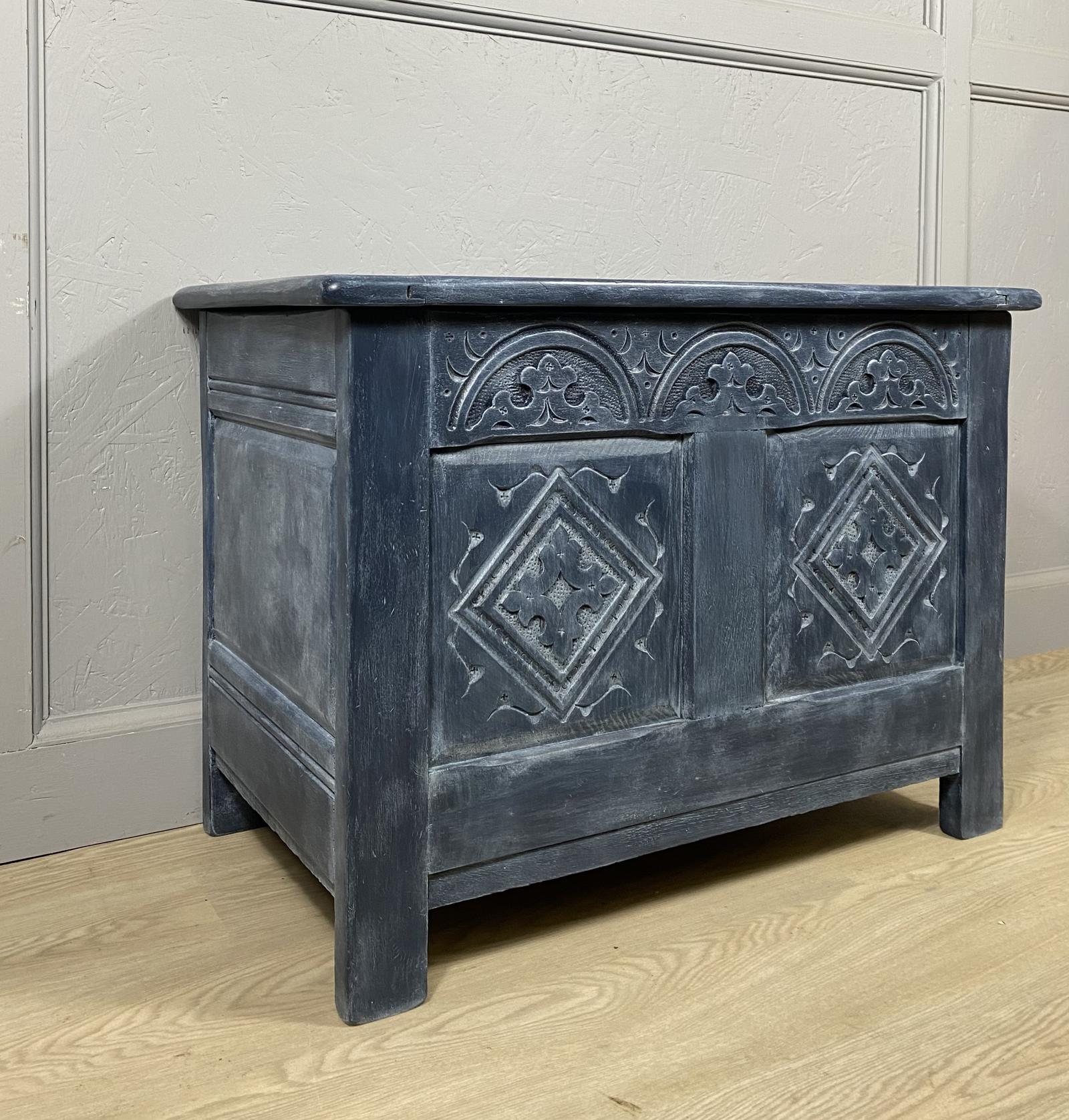 Carved Oak Blue Painted Coffer (1 of 10)
