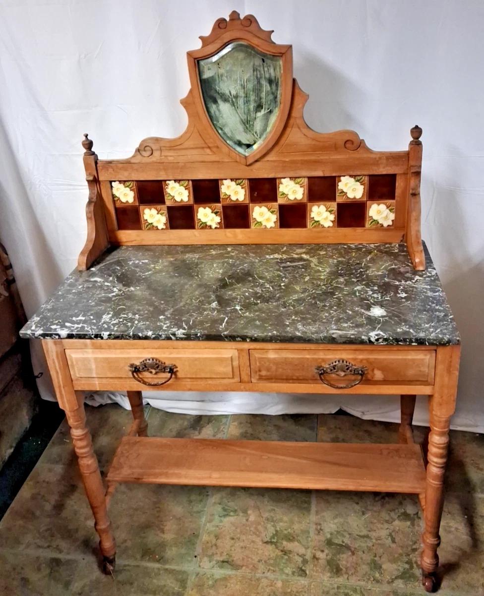 Antique Wash Stand With Marble Top And A Tarnished Mirror on Castors (1 of 10) Antique Wash Stand With Marble Top And A Tarnished Mirror on Castors (1 of 10)