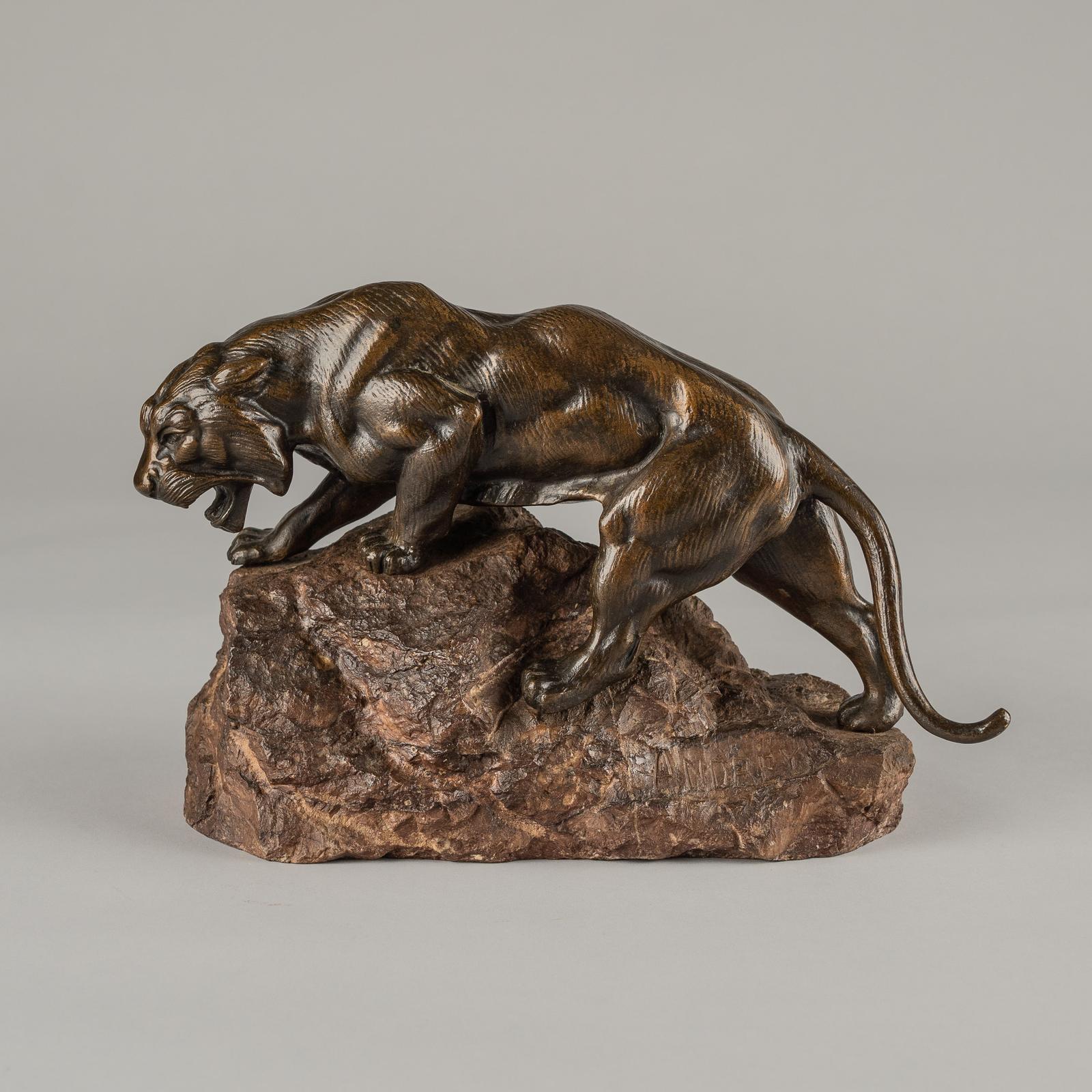 Large French Bronze Sculpture of Tiger Set on Marble Base Signed Andrey (1 of 9)
