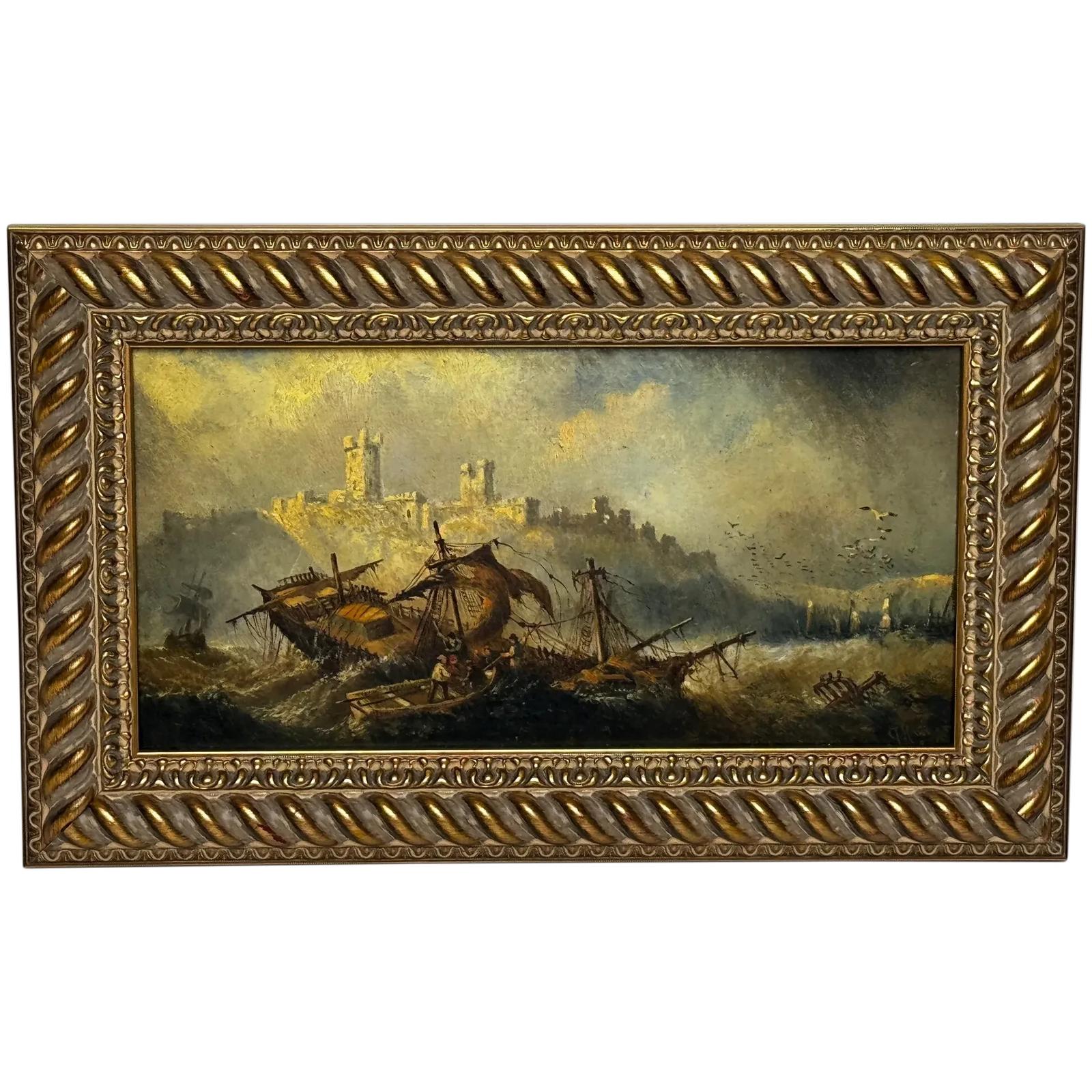 19th Century Oil Painting Shipwreck Beneath Dunstanburgh Castle (1 of 47)