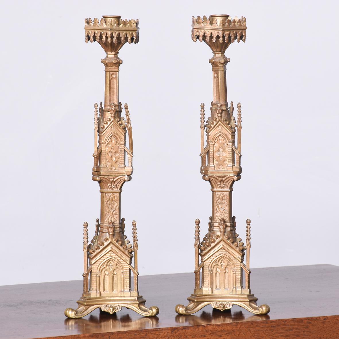 Pair of Gilded Pugin Style Gothic Candlesticks of Architectural Form (1 of 5)