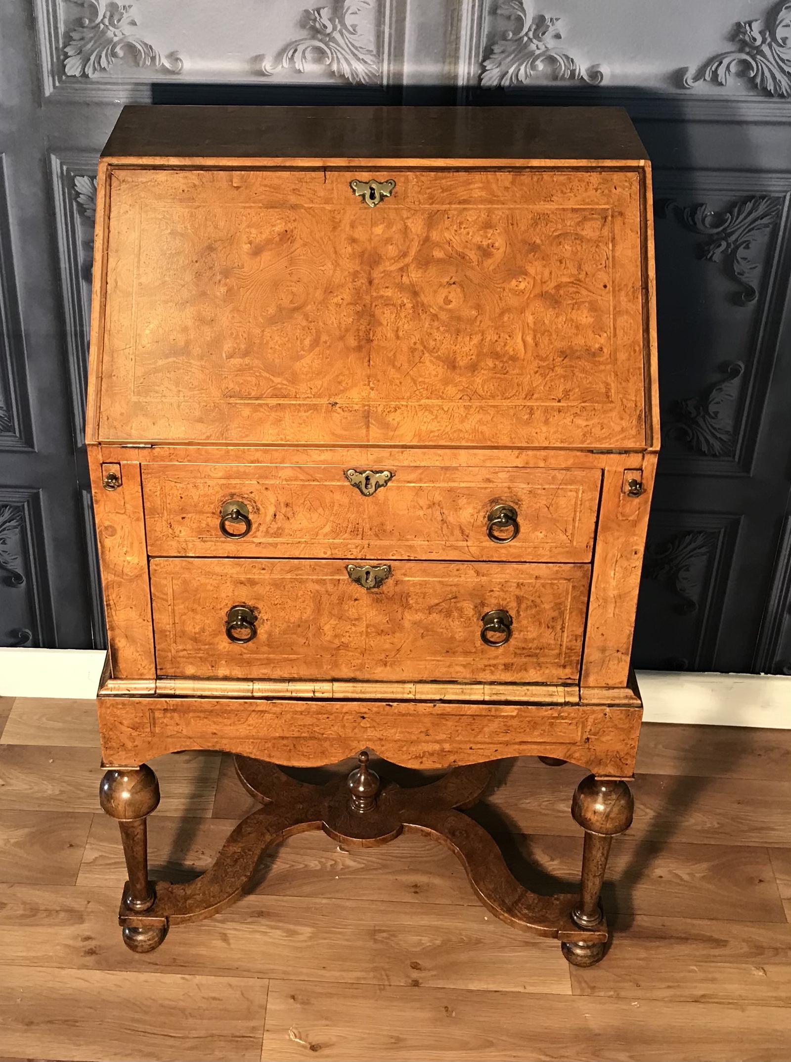 William & Mary Style Burr Elm Bureau on Stand c.1900 (1 of 1) William & Mary Style Burr Elm Bureau on Stand c.1900 (1 of 1)