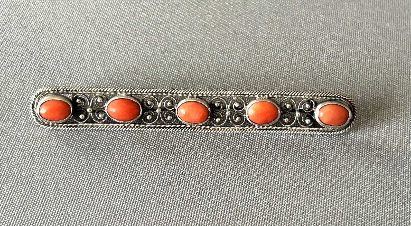 19th Century Norwegian Silver Filigree & Coral Bar Brooch (1 of 6)
