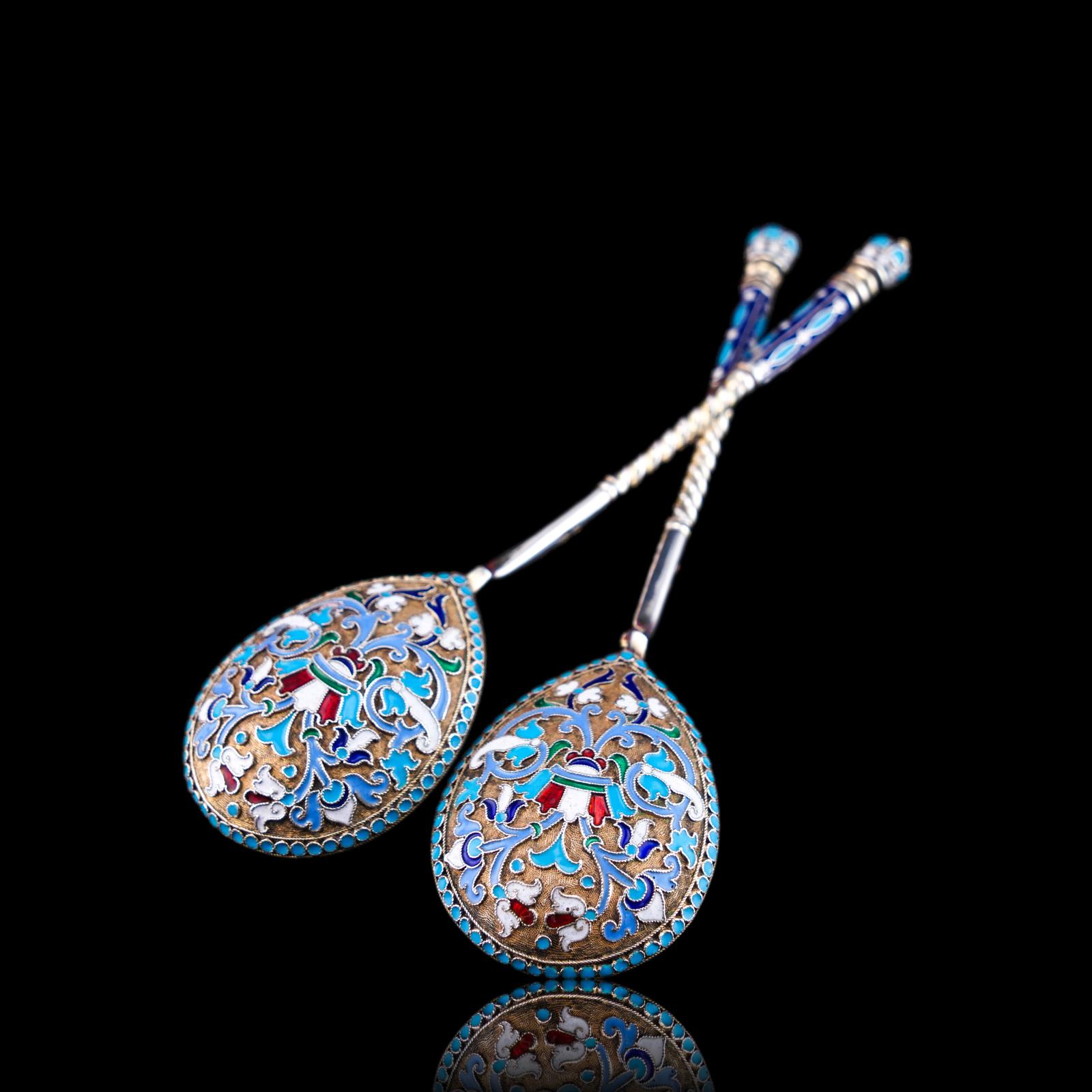 Antique Imperial Russian Solid Silver Pair of Spoons with Cloisonne Enamel - Vasily Agafonov c.1882-1899 (1 of 14)