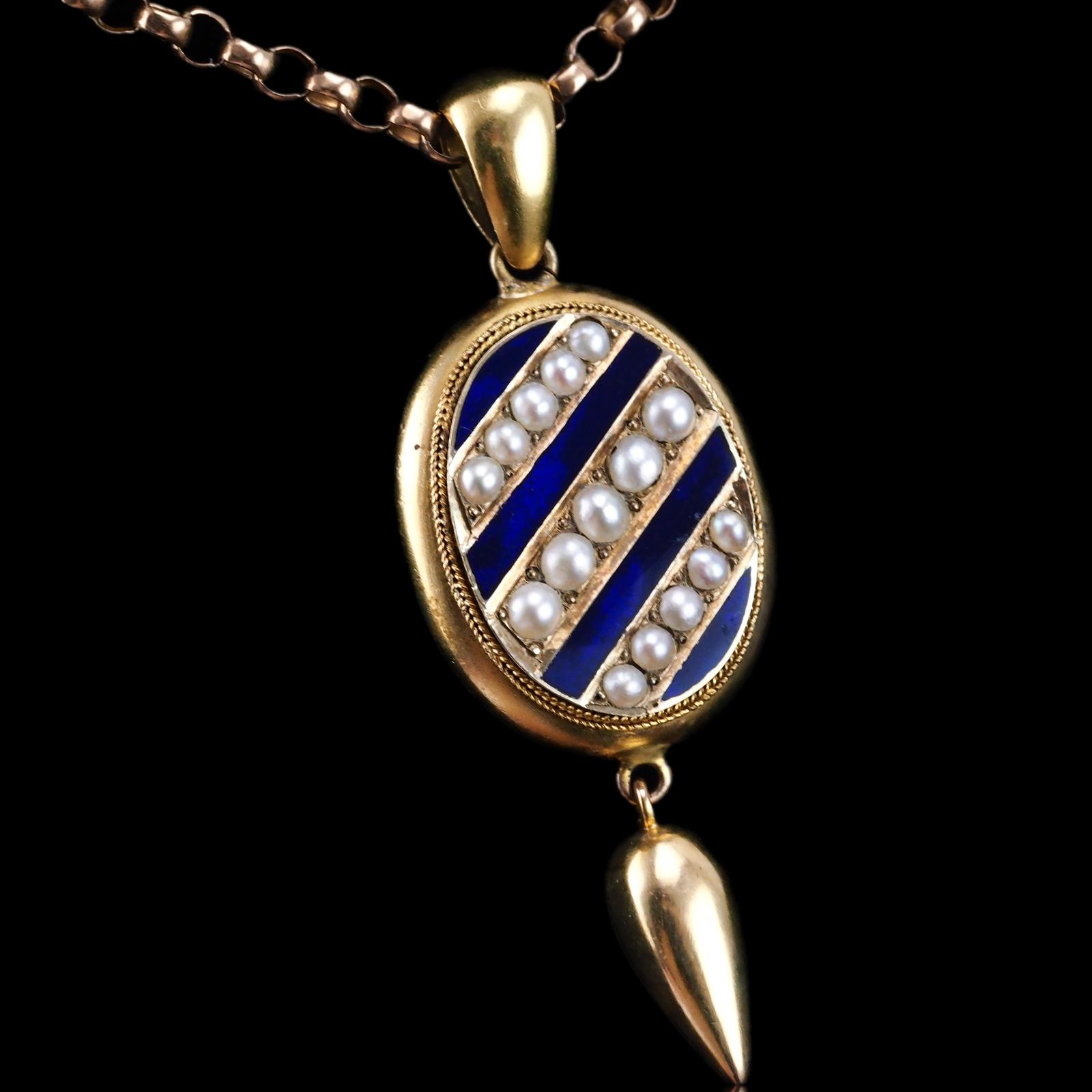 Antique Victorian 15K Gold Blue Enamel & Pearl Pendant Locket Necklace - c.1880 (1 of 23)