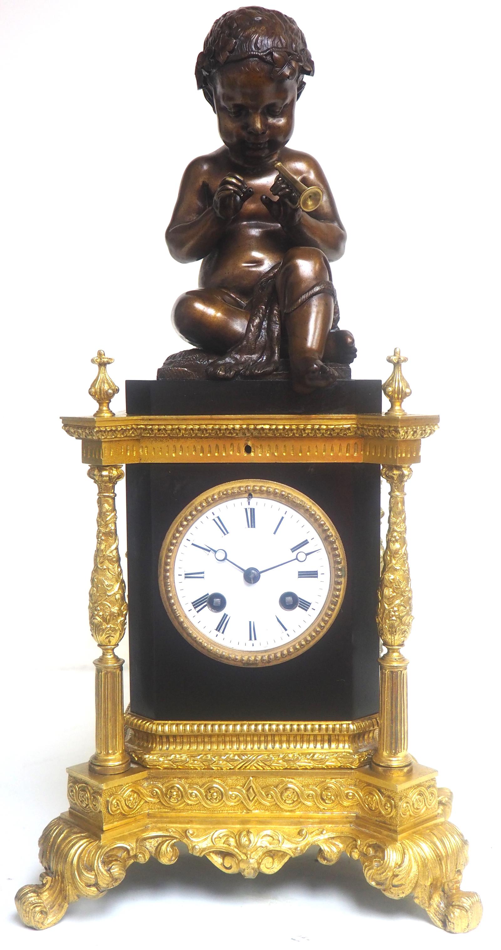 Antique Ormolu Bronze Mantel Clock Trumpet Playing Child Solid Bronze Bell Striking 8-day Mantle Clock (1 of 15)