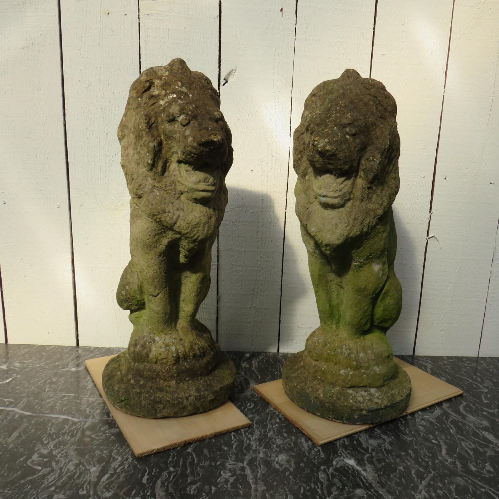 Pair of Weathered Stone Garden Lion Ornaments (1 of 7)