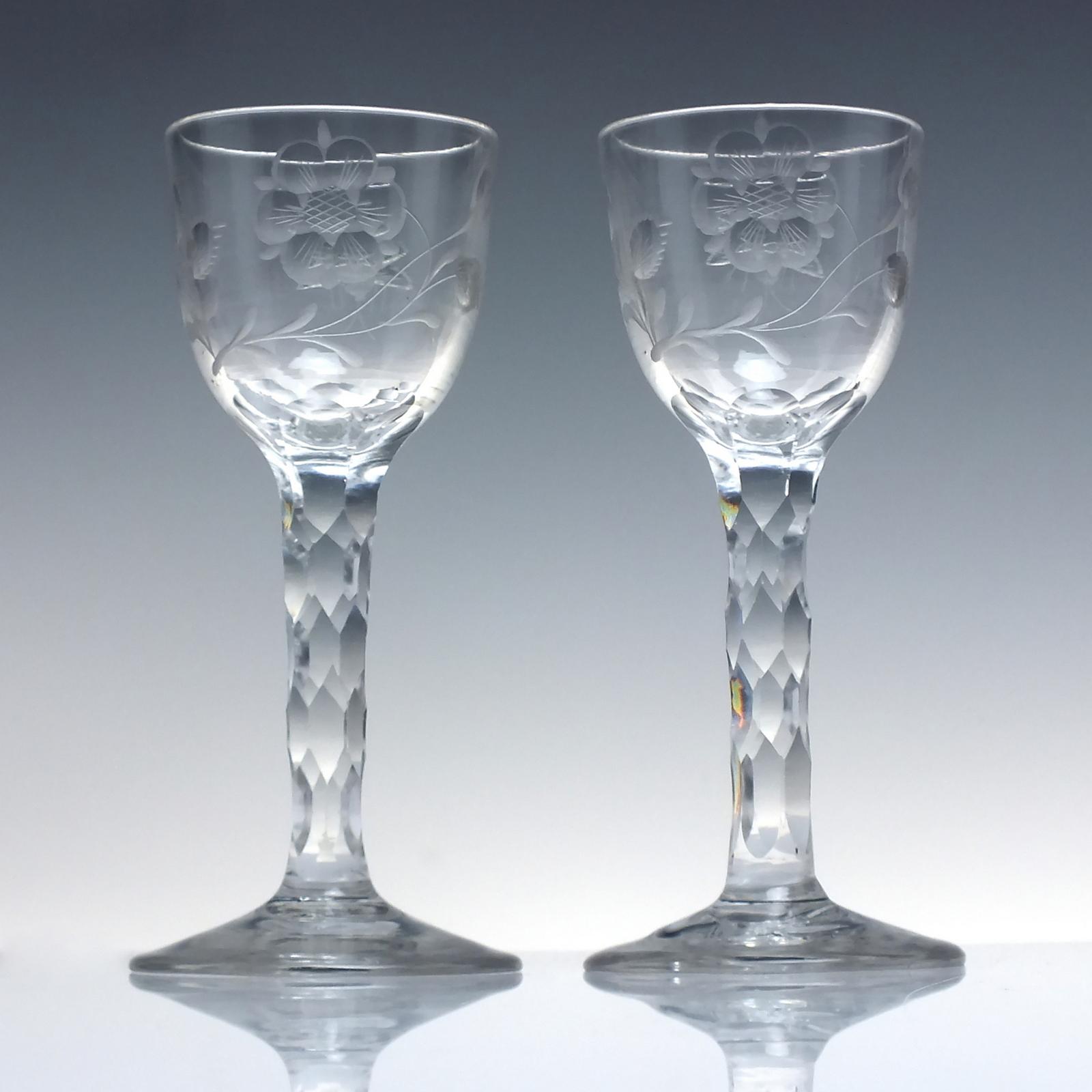 Pair of Georgian Engraved Jacobite Sympathy Facet Cut Wine Glasses c.1780 (1 of 9)