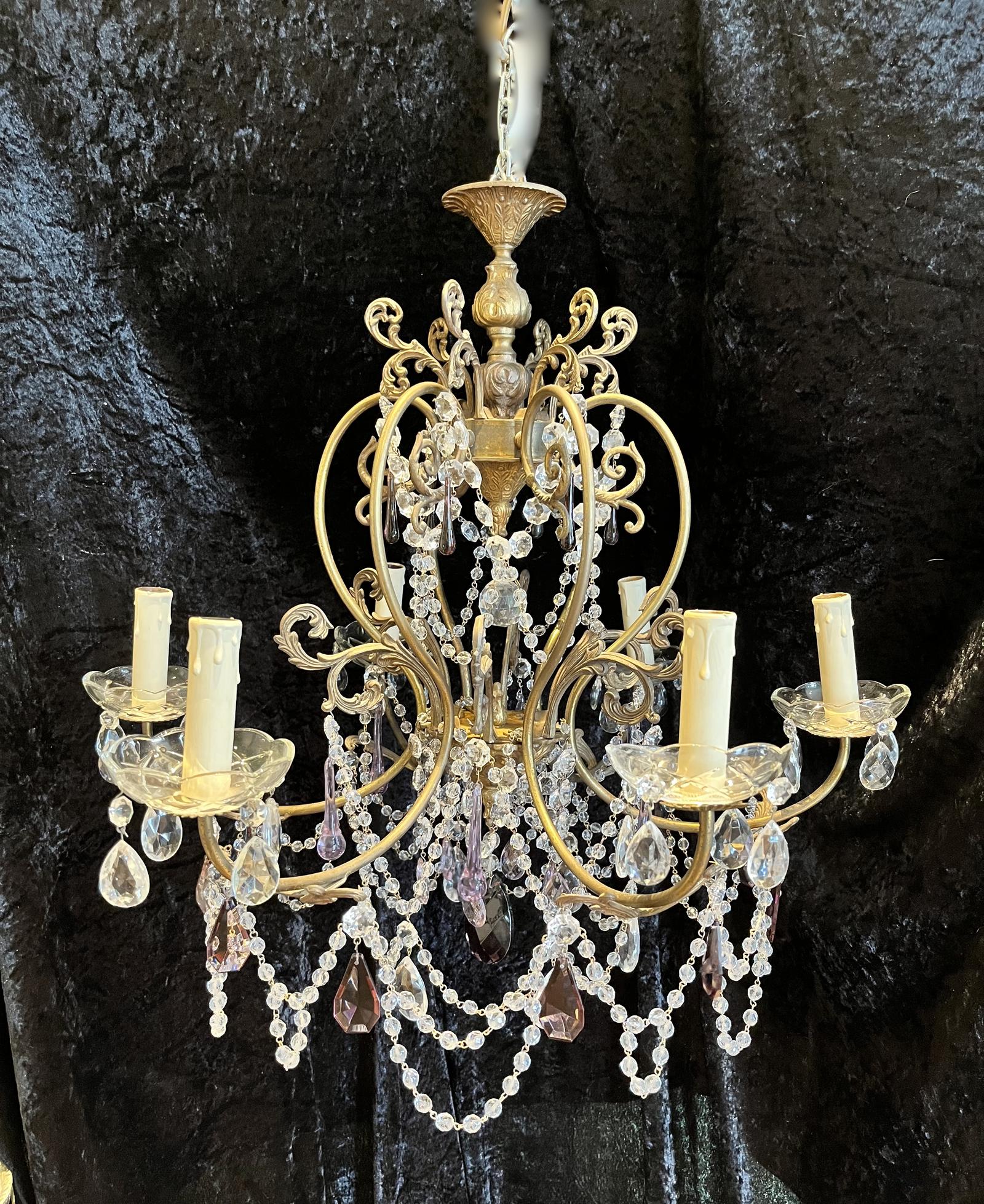 Six Light French Brass and Crystal Antique Chandelier with Amethyst Crystals (1 of 20)