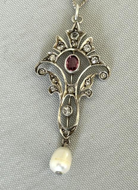 Austrian Silver, Pearl & Paste Diamonds Pendant Necklace (1 of 6) Austrian Silver, Pearl & Paste Diamonds Pendant Necklace (1 of 6)