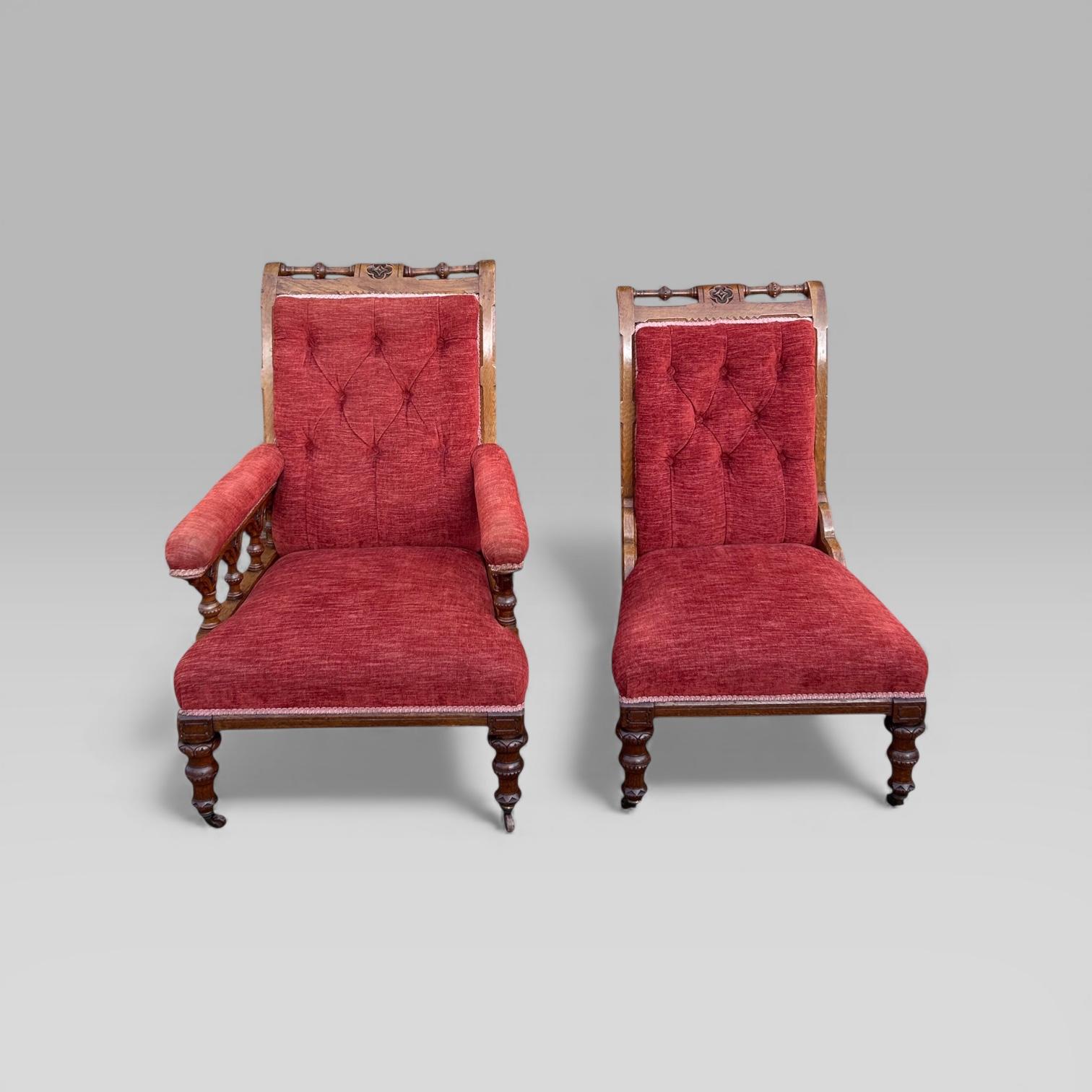 Antique Victorian Pair Of Ladies And Gentlemen’s Red Gothic Revival Oak Chairs (1 of 13) Antique Victorian Pair Of Ladies And Gentlemen’s Red Gothic Revival Oak Chairs (1 of 13)