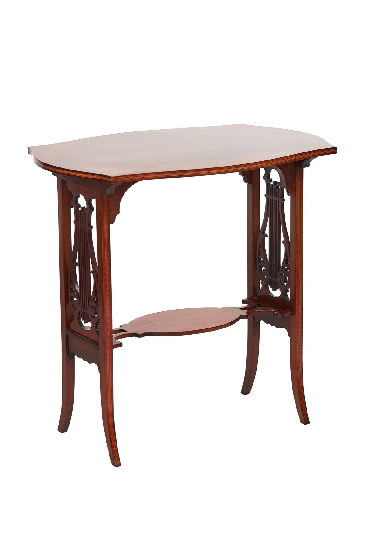 Fine Sheraton Revival Mahogany Inlaid & Carved Lyre End Support Table [b] (1 of 6)