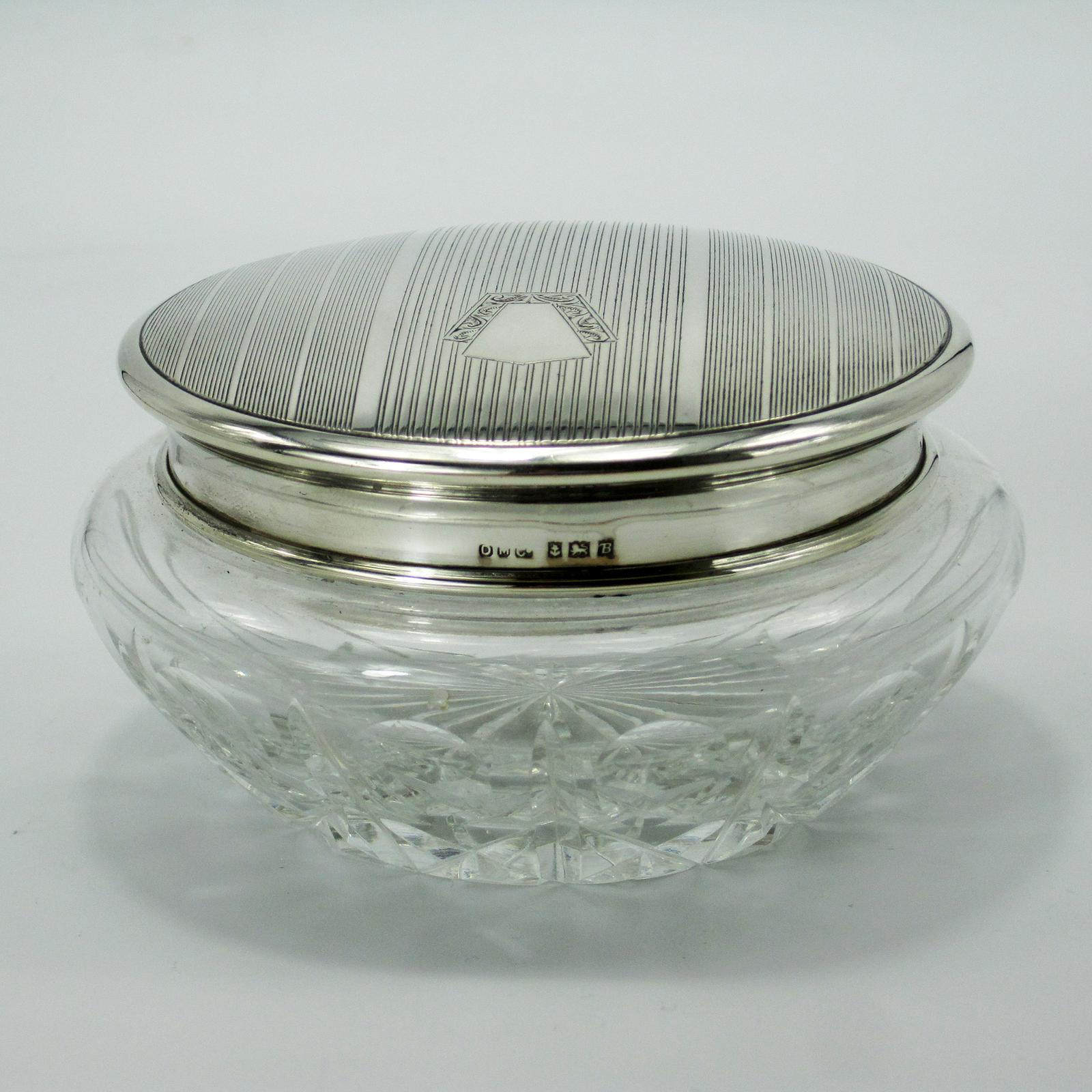 Silver Top Dressing Table Jar with Engine Turned Patterned Lid & Cut Glass Base (1 of 7)