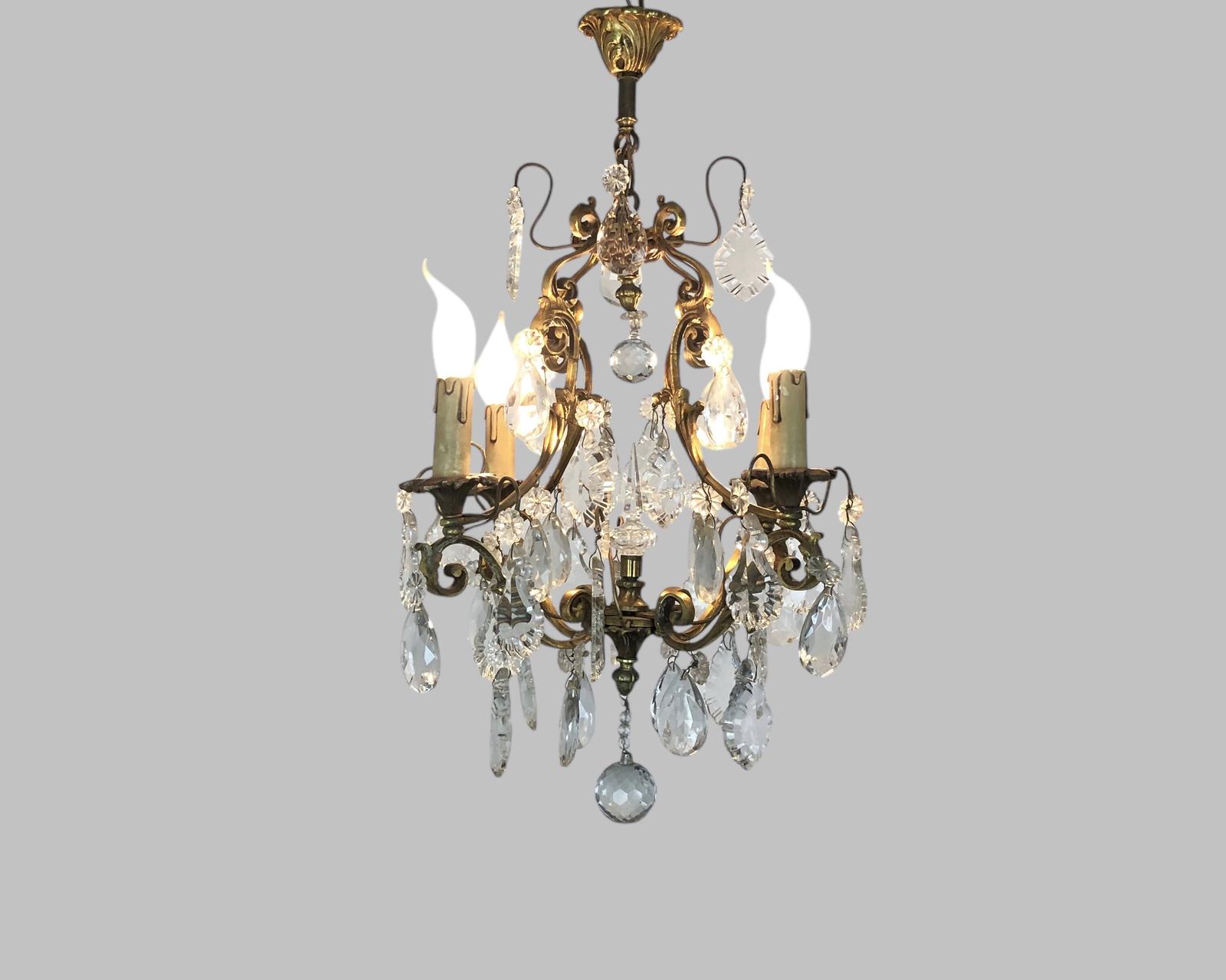 Gilt Bronze Chandelier Ceiling Light with Crystal Droplets (1 of 12)