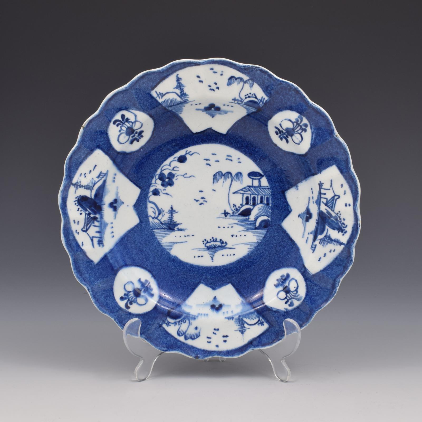 Bow Porcelain Powder Blue Fan Landscape Small Dessert Dish / Plate c.1758-1762 (1 of 5) Bow Porcelain Powder Blue Fan Landscape Small Dessert Dish / Plate c.1758-1762 (1 of 5)