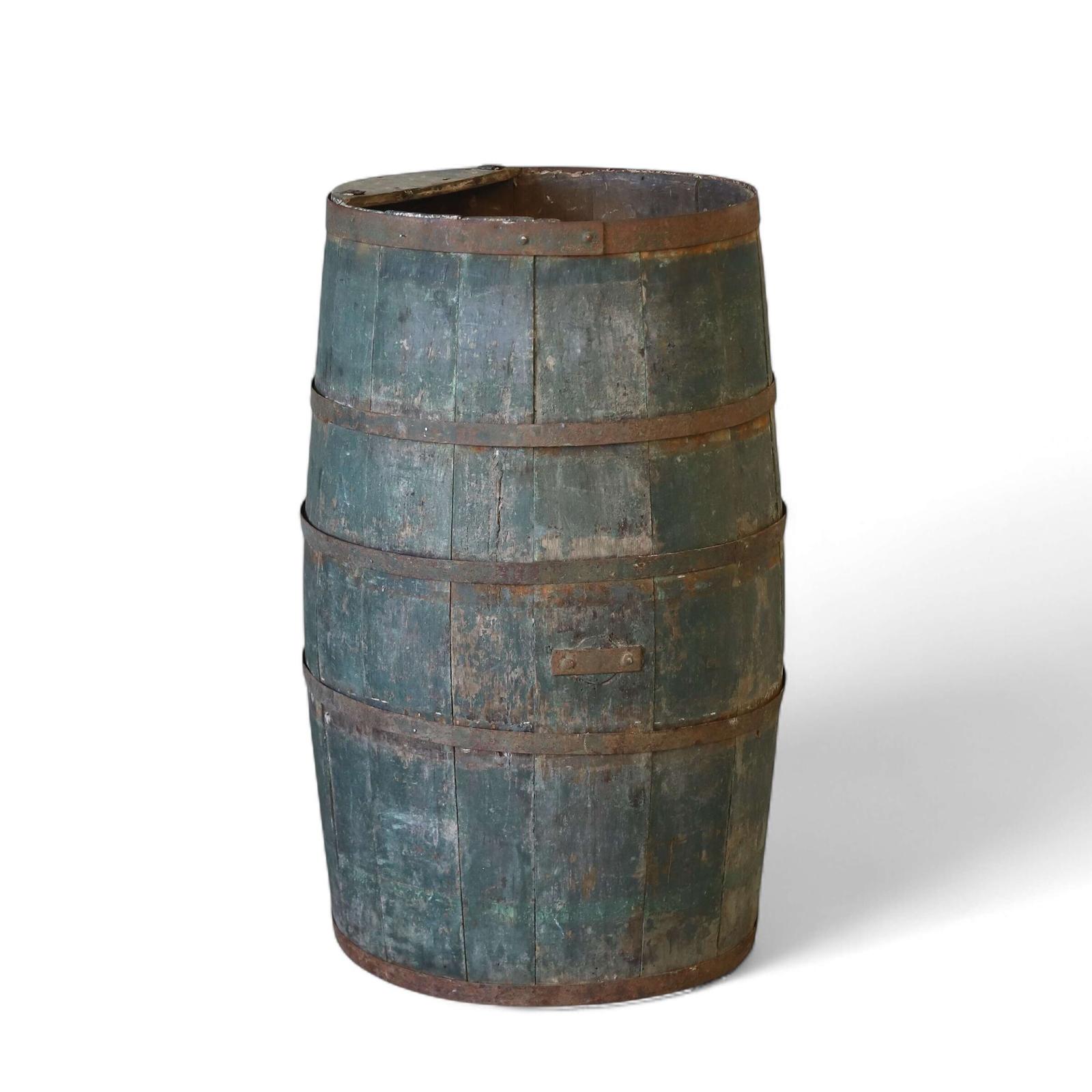 Antique 19th Century Grain Barrel - Weathered Timber, Faded Green Paint & Iron Bands (1 of 8)