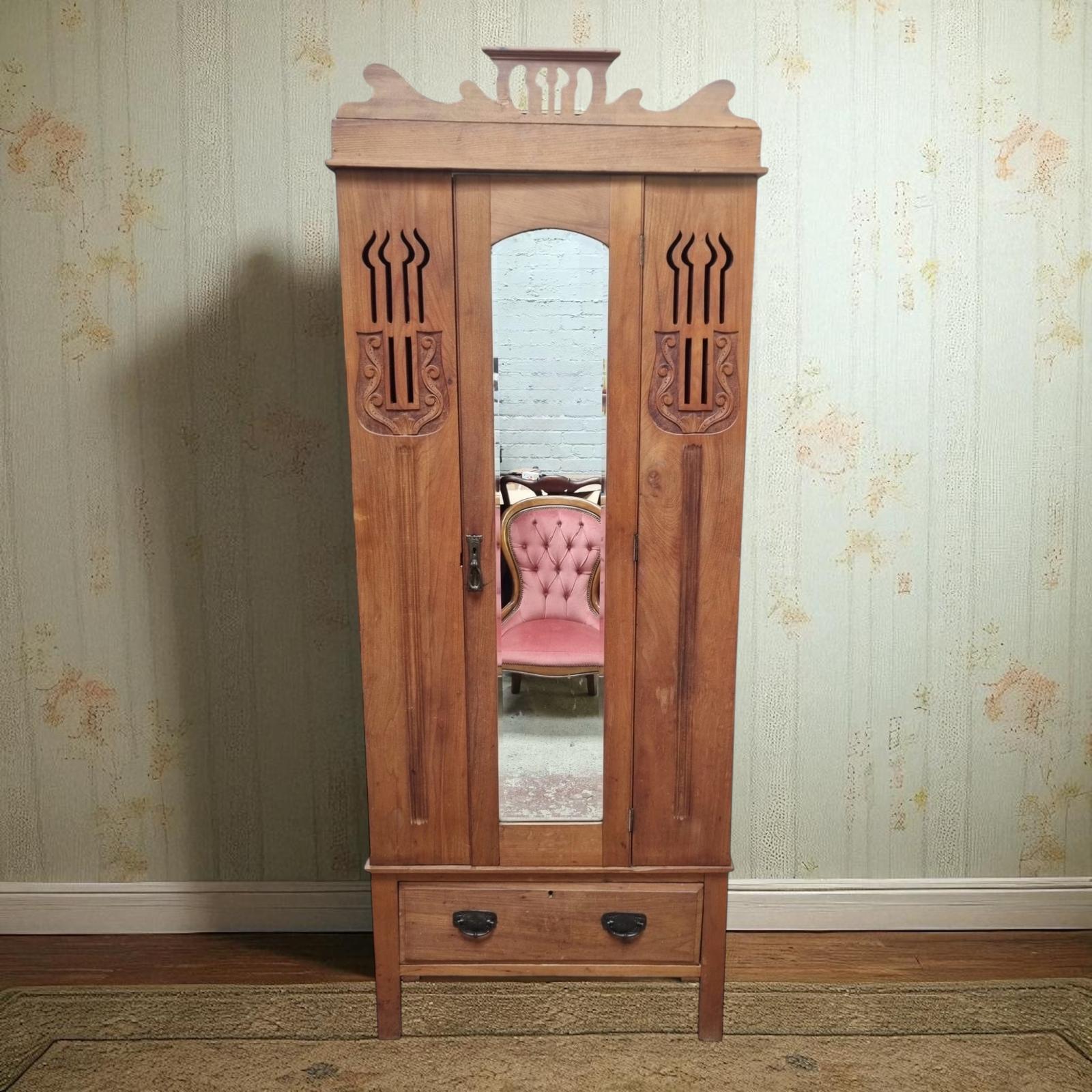 Antique Edwardian Pine Single Wardrobe with Mirror / c.1900–1920 (1 of 12)