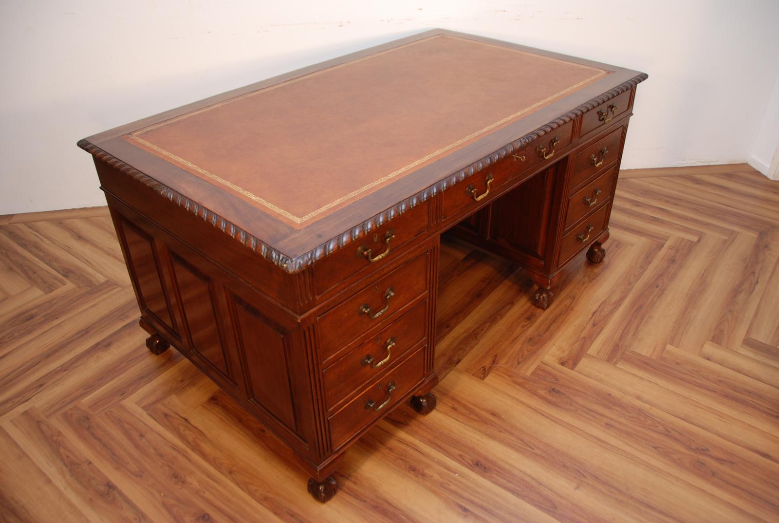 Antique Mahogany Writing Desk with New Antique/ Brown/ Tan Leather (1 of 12)