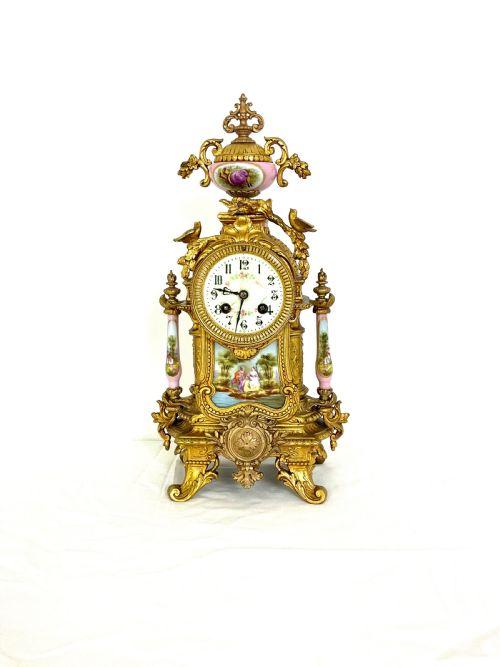 French Gilt & Porcelain Mantel Clock with Bird Decoration (1 of 15)