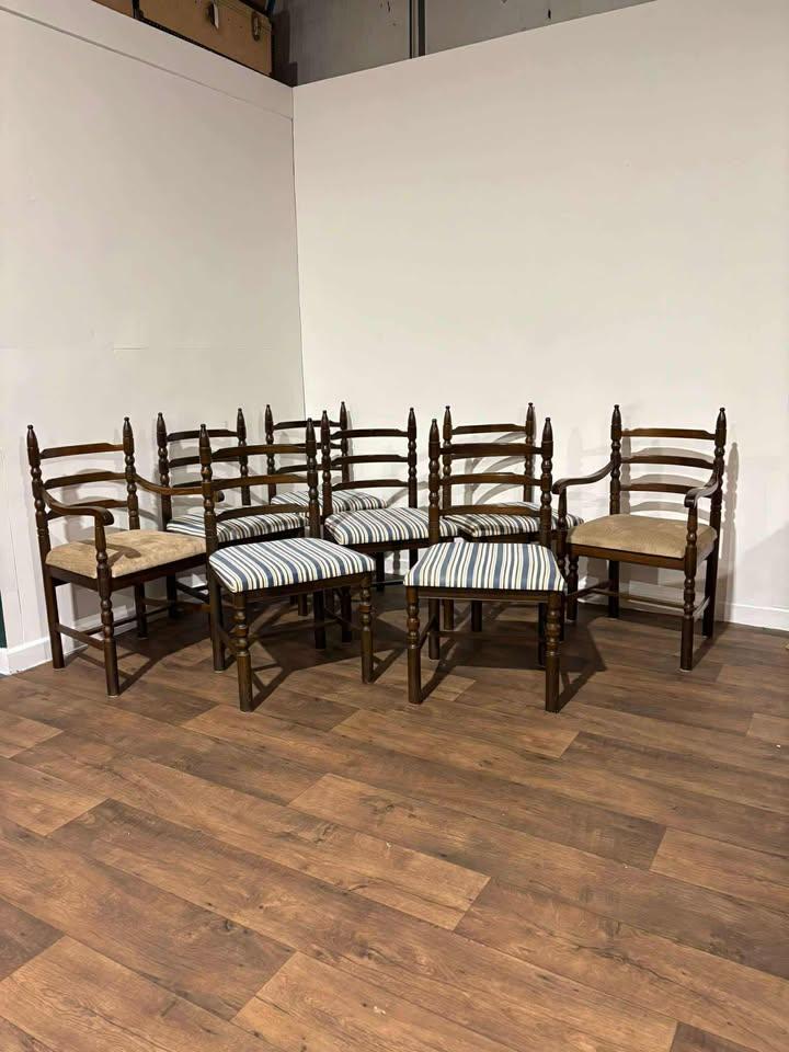 Set of Eight Vintage Oak Dining Chairs (Including 2 Carvers) (1 of 19)