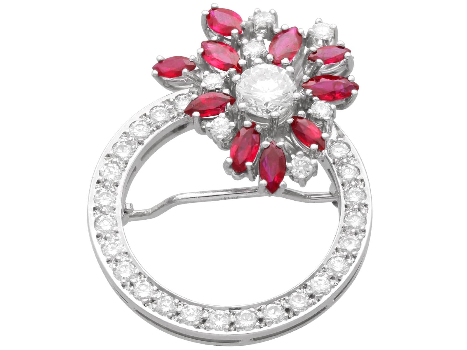 Vintage 1.90ct Ruby & 1.35ct Diamond, 15ct White Gold Brooch c.1970 (1 of 13)