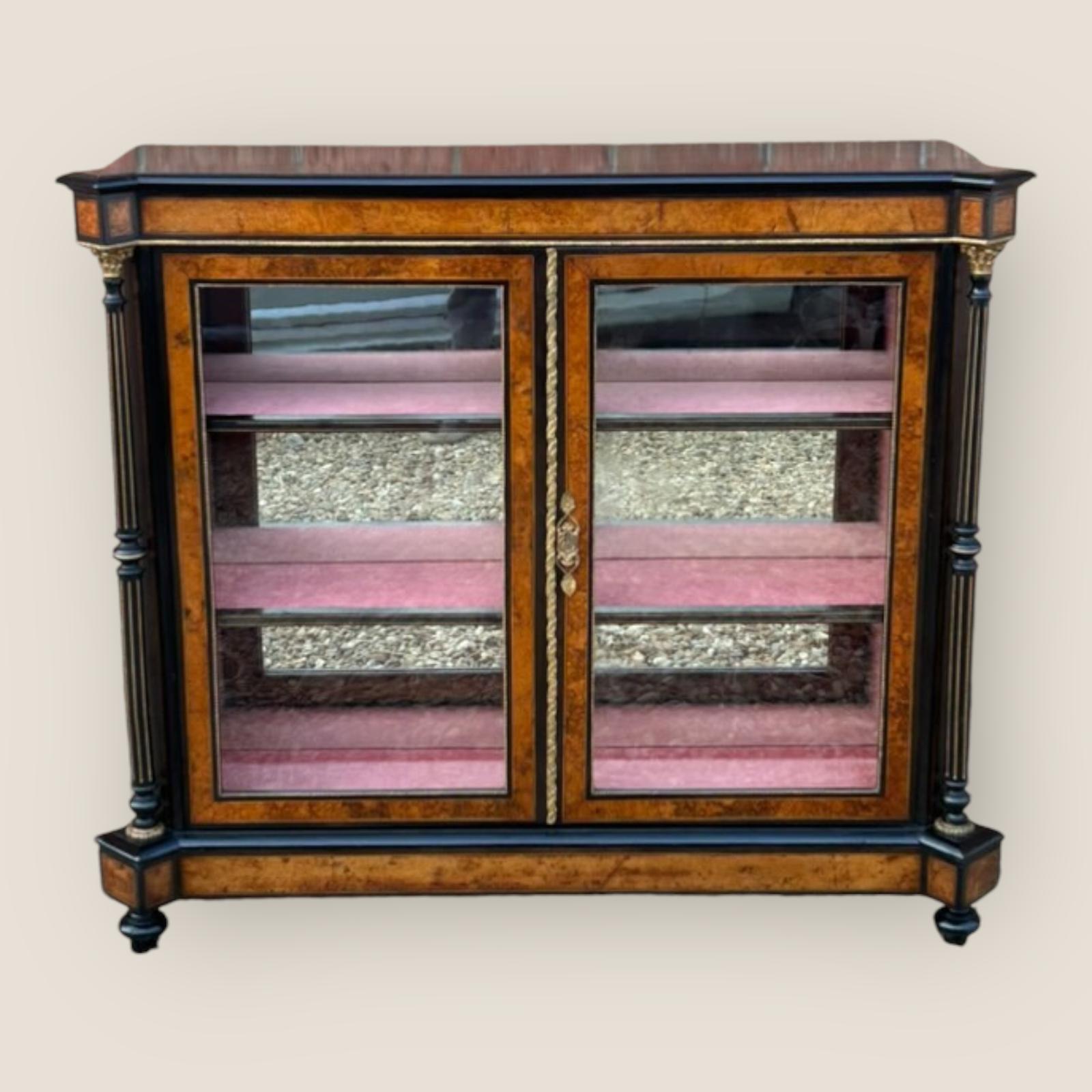 Victorian Aesthetic Movement Amboyna & Ebonised Glass Double Door Pier Cabinet (1 of 9)