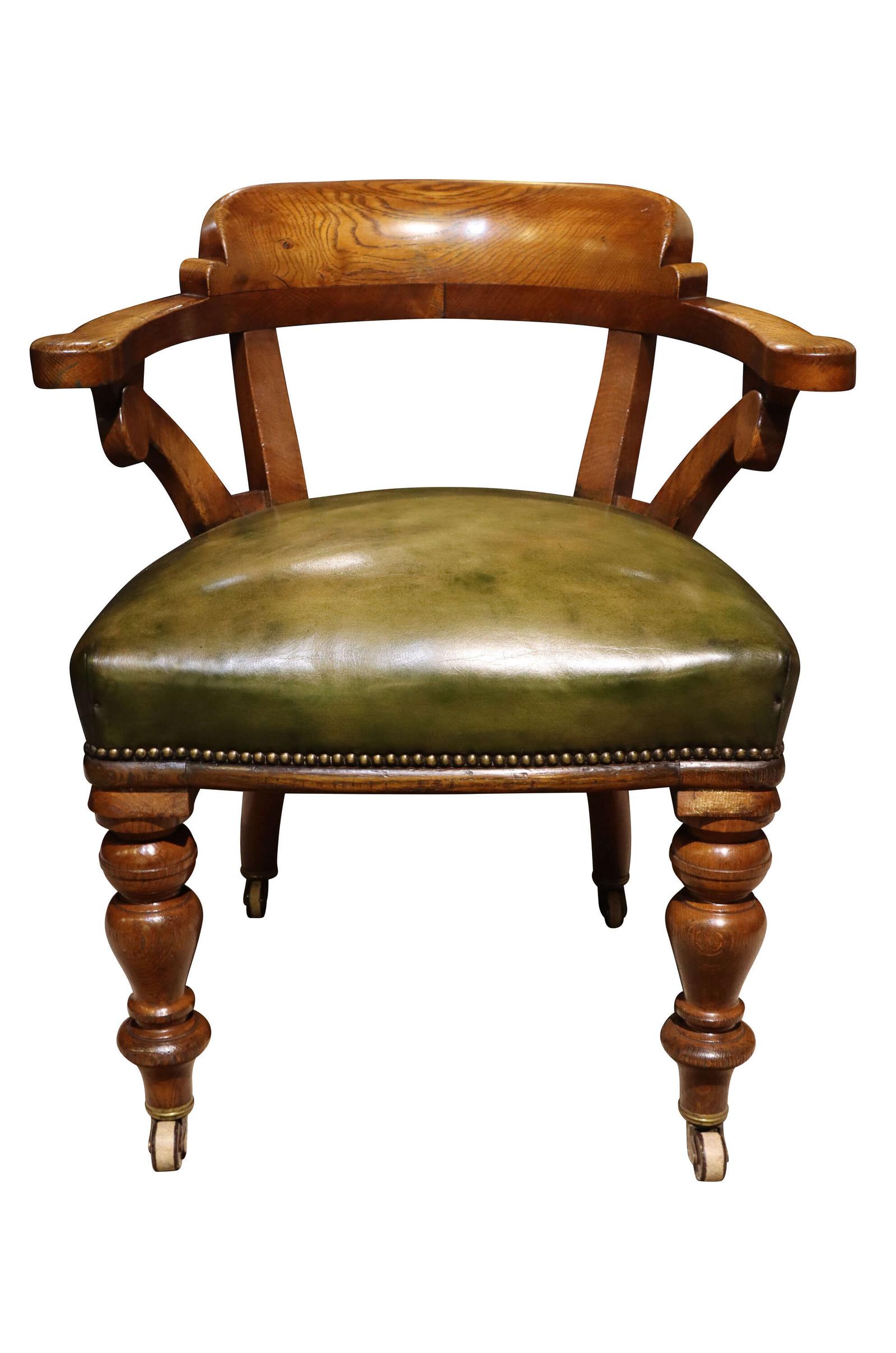 Fine Victorian Golden Oak Library Chair in Green Leather c.1870 (1 of 5) Fine Victorian Golden Oak Library Chair in Green Leather c.1870 (1 of 5)