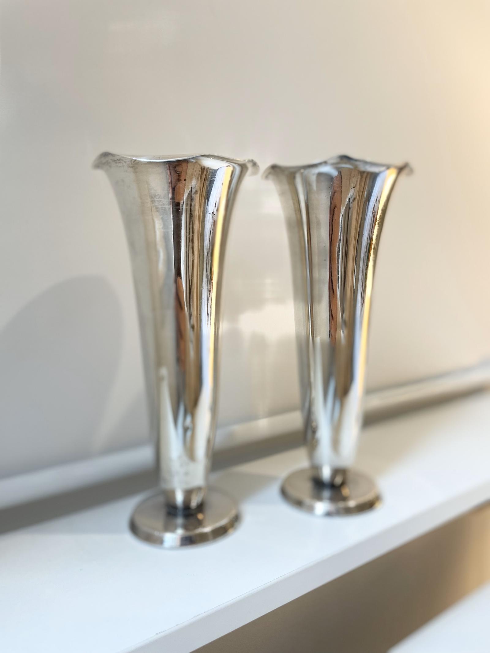 Pair of WMF Art Deco Modernist Silver Plated Trumpet Vases - Richard Riemerschmid (1 of 8)