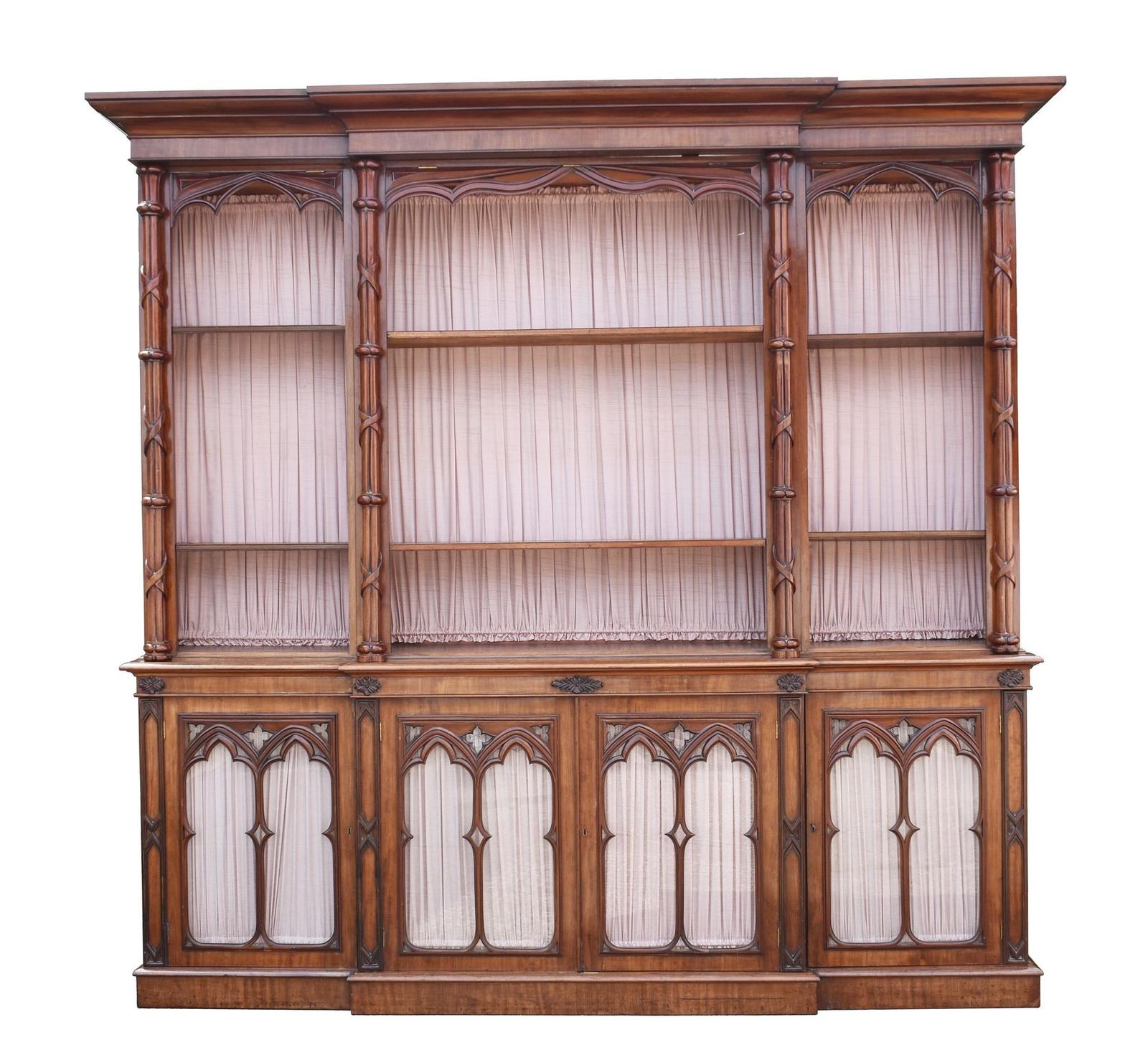 Large Victorian Gothic Revival Mahogany Breakfront Bookcase (1 of 15)