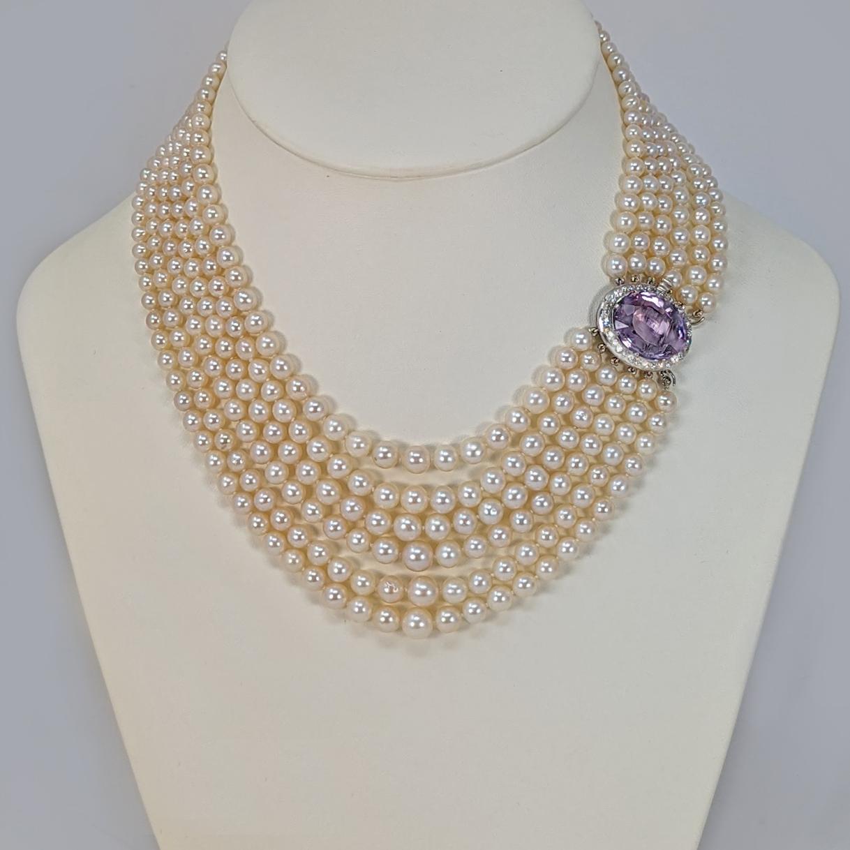 1950s Six Strand Pearl Necklace with Amethyst & Diamond 18ct Gold Cluster Clasp & Gem Lab Cert (1 of 13)