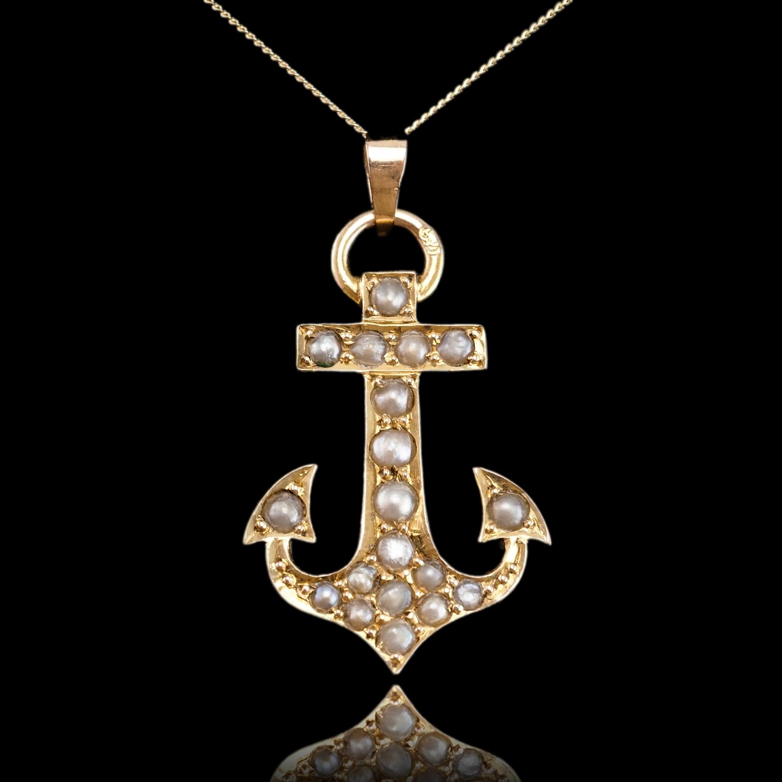 Antique Victorian Pearl Anchor Pendant Necklace 15K Gold - c.1900 (1 of 13)
