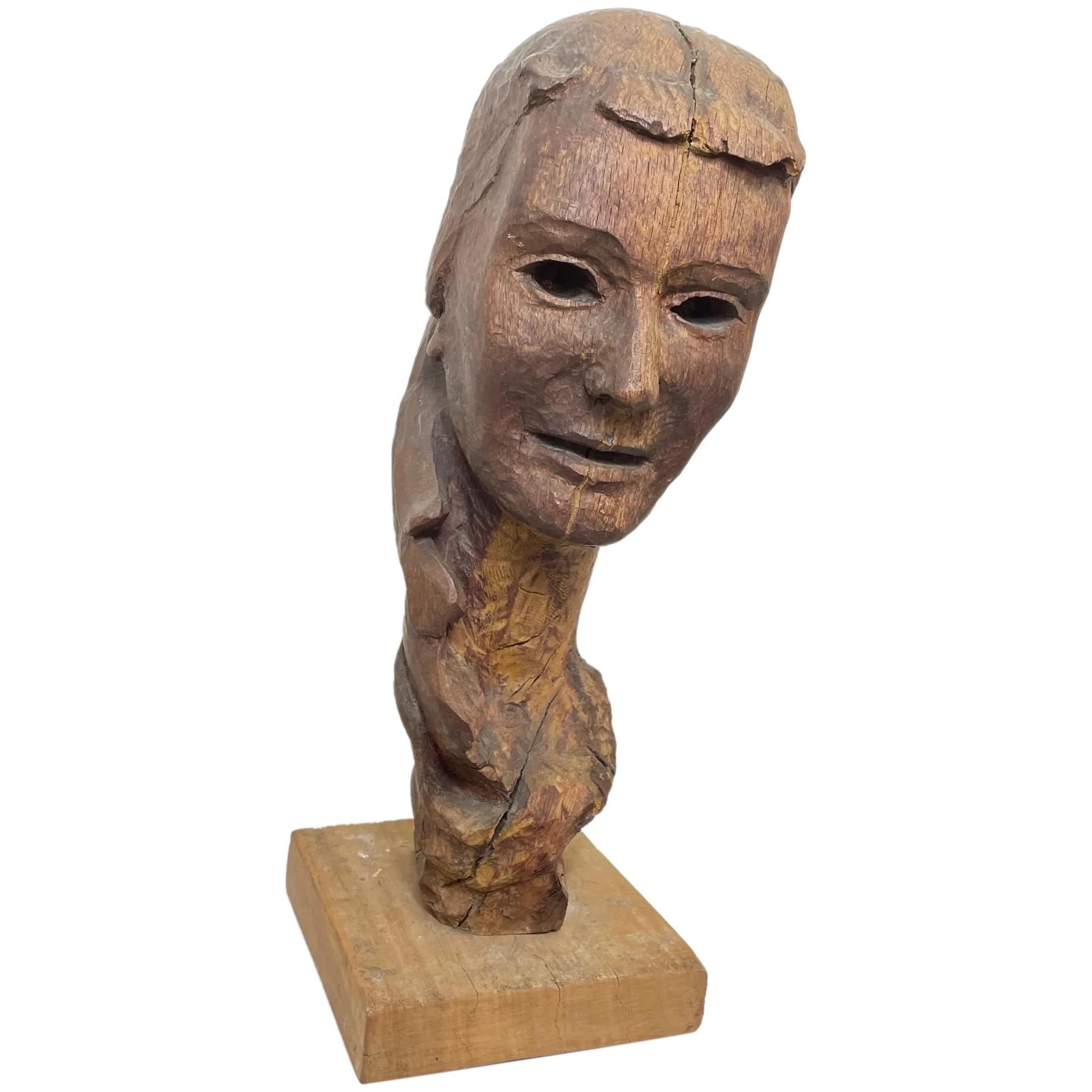 French Carved Wood Lady's Head Bust Sculpture LA409009