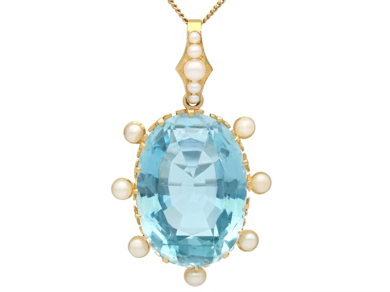 Antique 30.41ct Aquamarine & Pearl, 15ct Yellow Gold Pendant c.1910 (1 of 14)