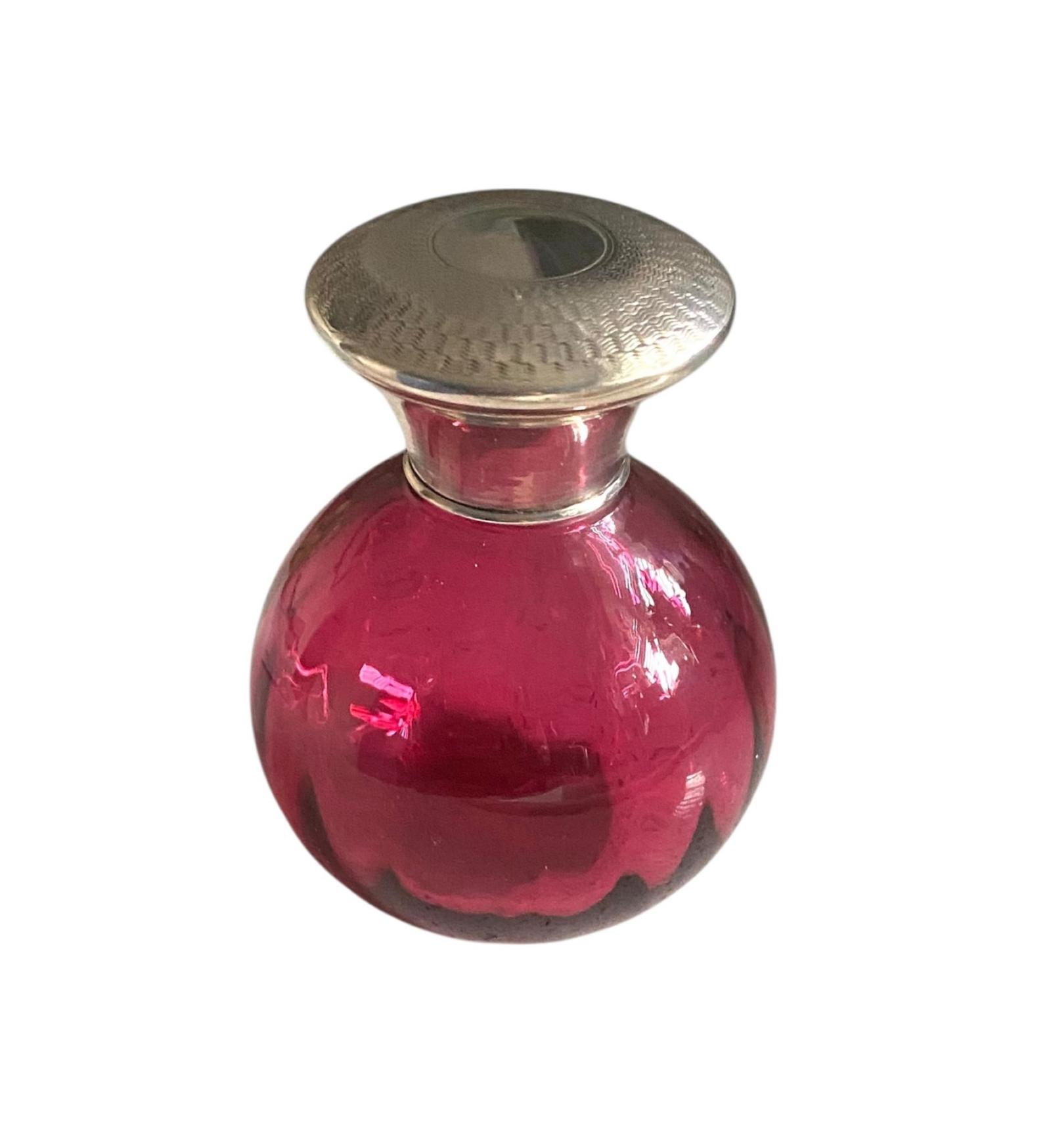 Antique Cranberry Glass Perfume Scent Bottle Silver Lid c.1900 (1 of 9)