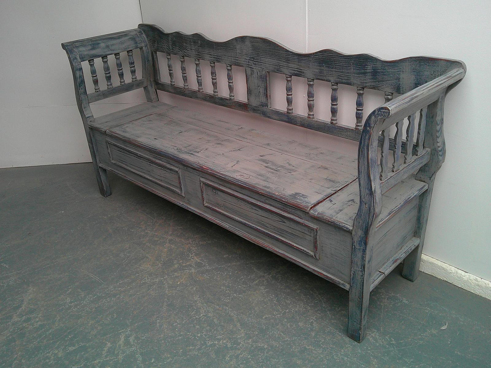 Pretty Painted Grey & Blue Antique Pine 3 Seater Box Settle / Bench (1 of 10)