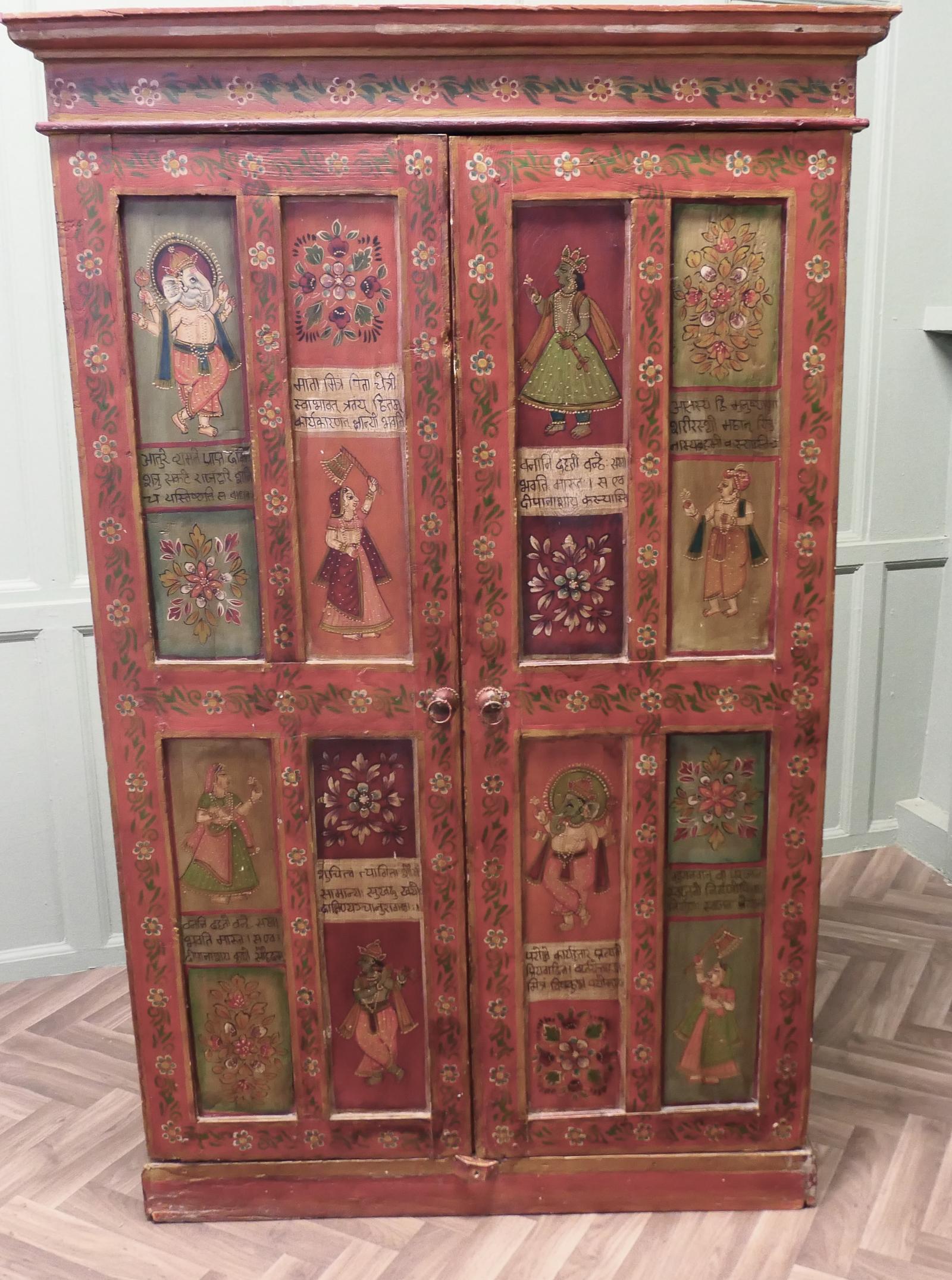 Tall Indian Folk Art Painted 5ft Shelved Cupboard (1 of 6)