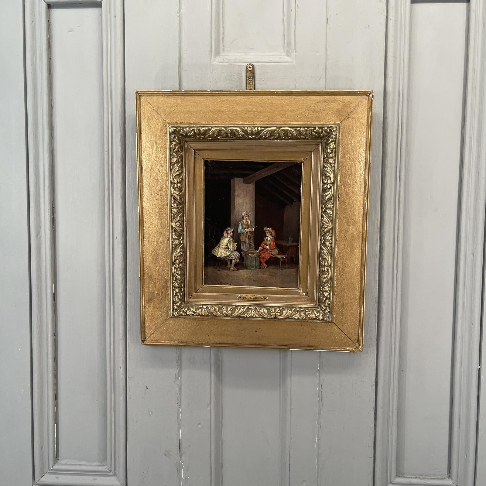 Antique Spanish Oil Painting Study of Soldiers Cavaliers Playing Cards on a Drum by Marcillo de Torres (1 of 11)