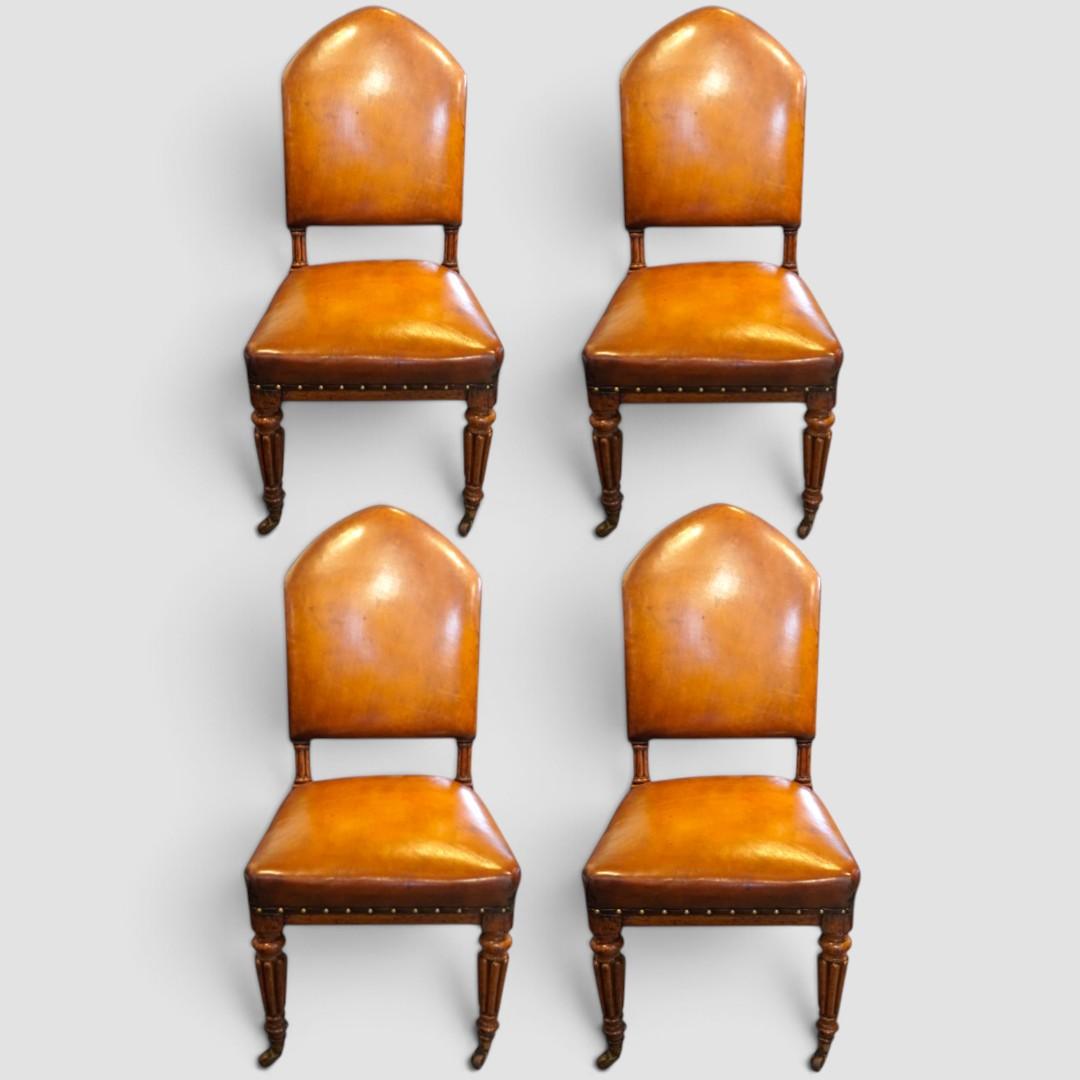 Set of 4 Victorian Gothic Oak Dining Chairs with Leather Seats (1 of 8) Set of 4 Victorian Gothic Oak Dining Chairs with Leather Seats (1 of 8)