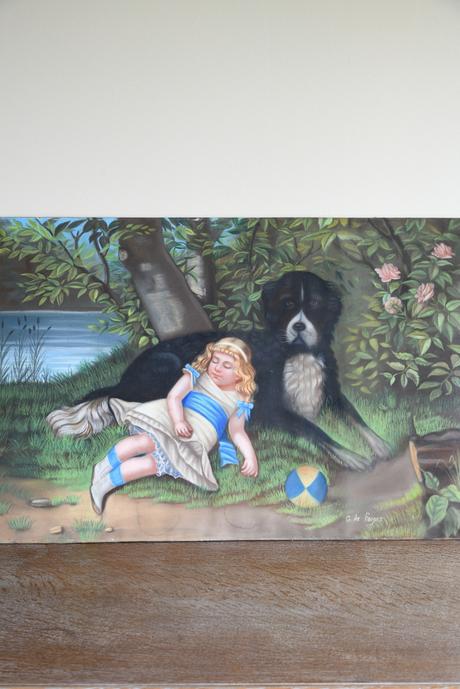 Vintage Continental Girl with Dog Pastel Drawing Painting (1 of 6)