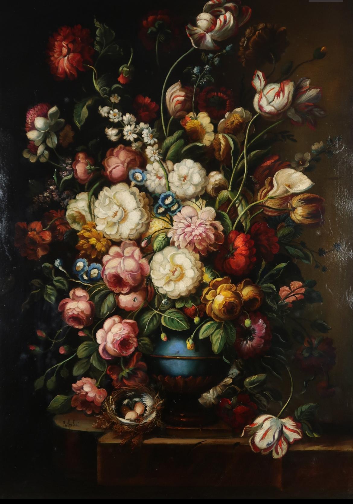 Painting-antique Oil Painting of Flowers Dutch Old Master by Venetian Artist Calzolari Tulips and Flowers (1 of 4)